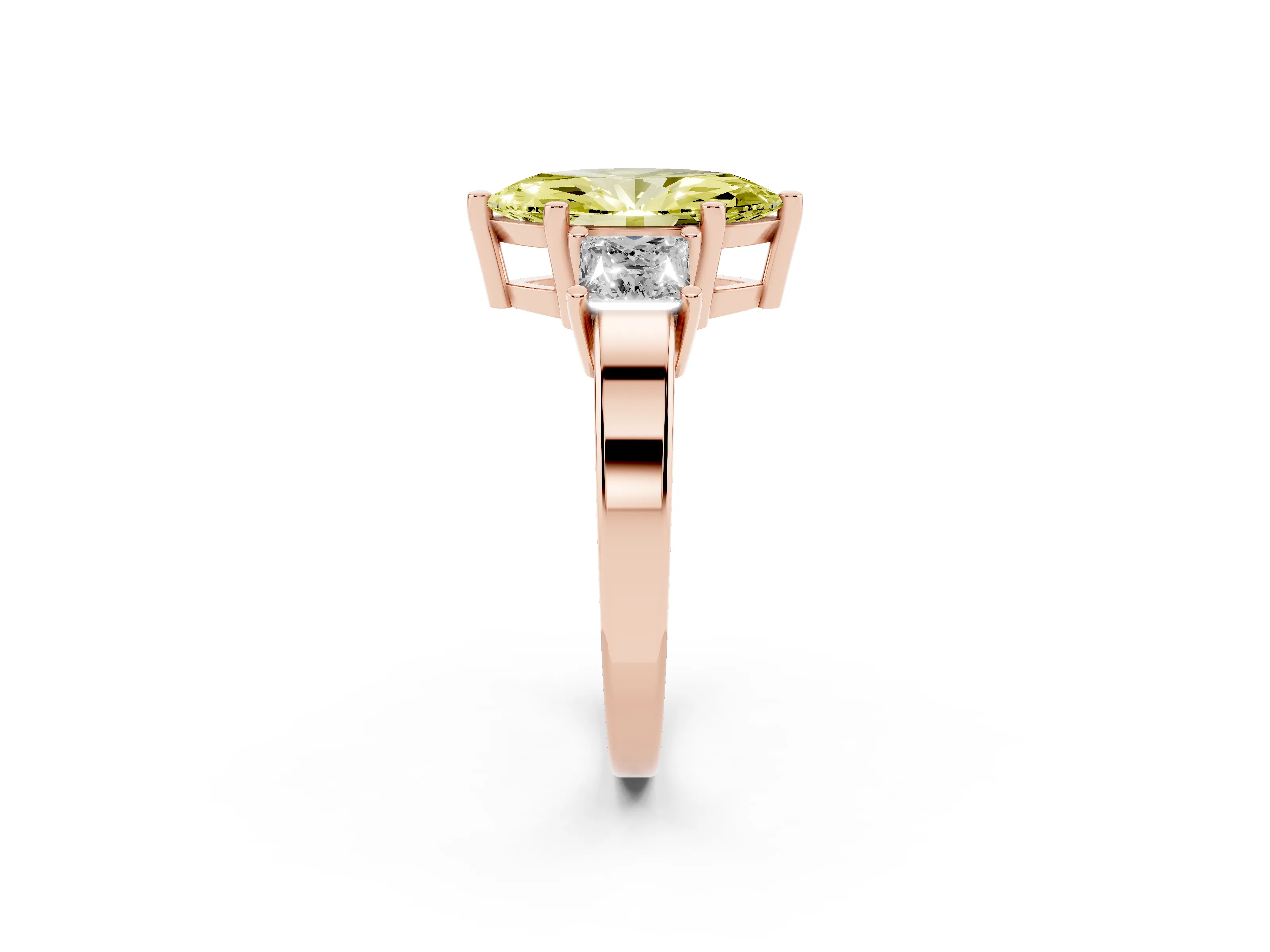 Fancy Yellow Three-Stone Marquise Cut Diamond Solitaire Ring Set in Rose gold with Prong Setting