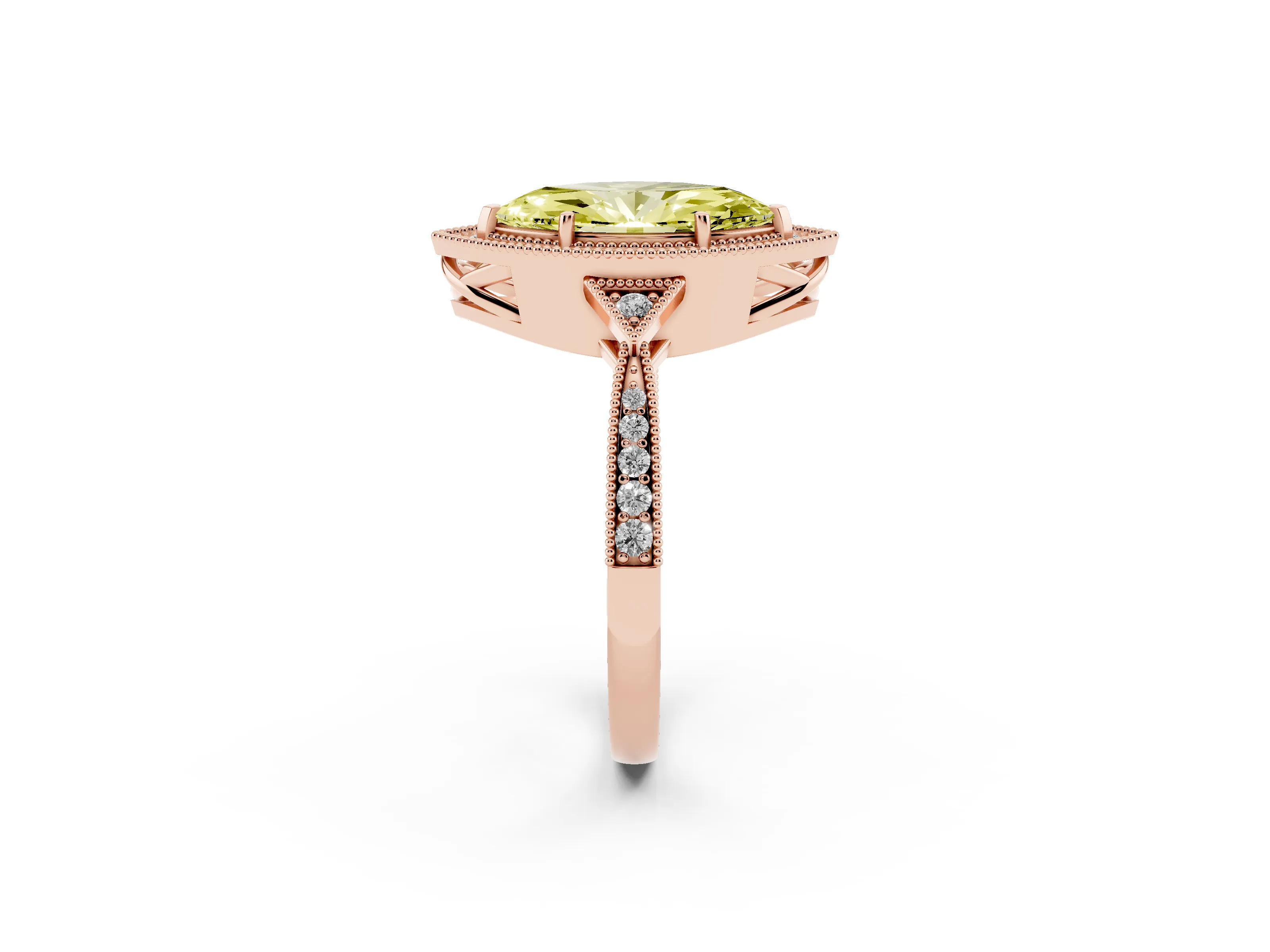 Fancy Yellow Marquise Cut Diamond Halo Engagement Ring Set in Rose gold with Milgrain Pavé Band