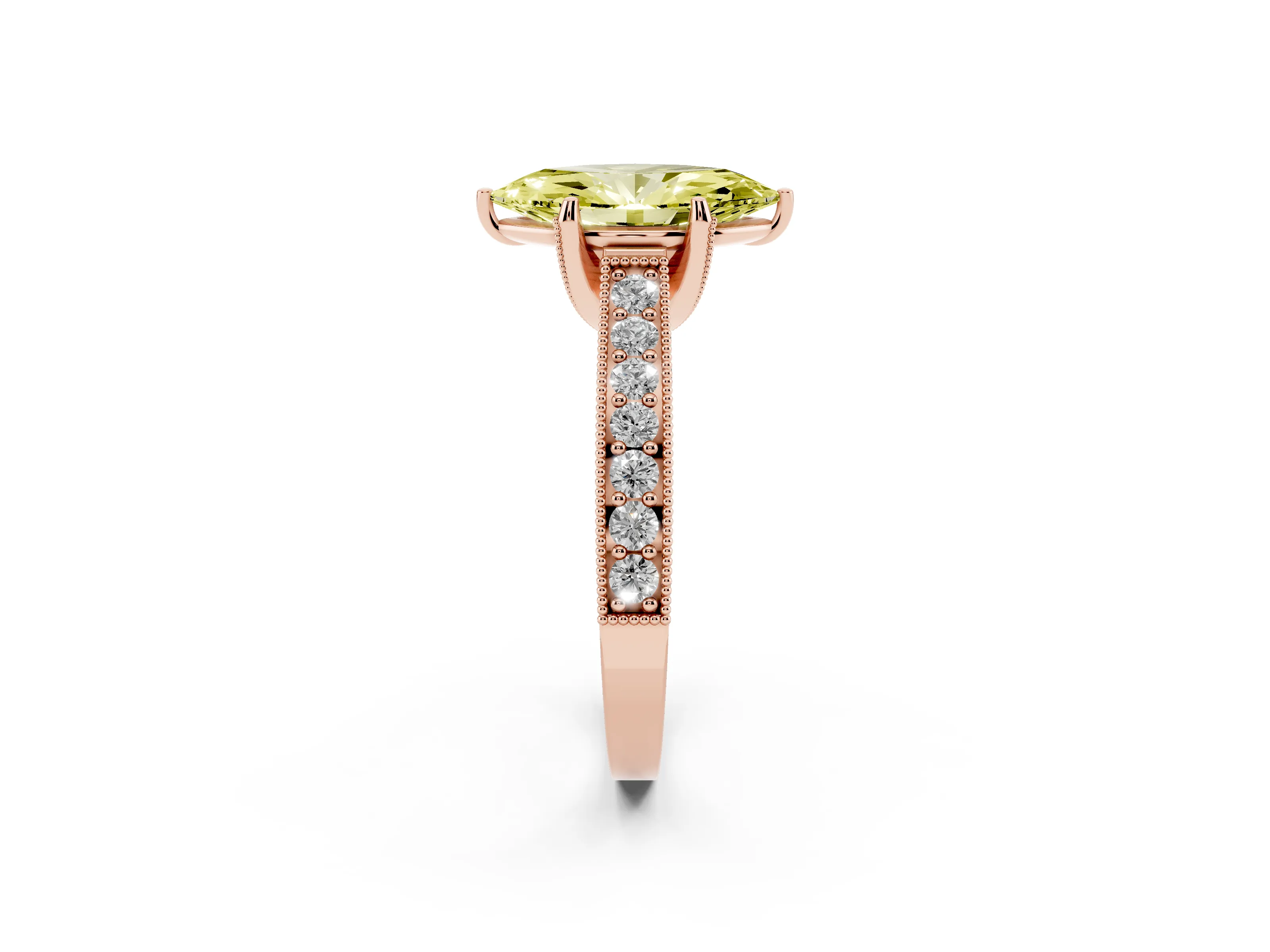 Fancy Yellow Marquise Cut Diamond Solitaire Ring Set in Rose gold with Milgrain-Edged Pavé Band and Prong Setting