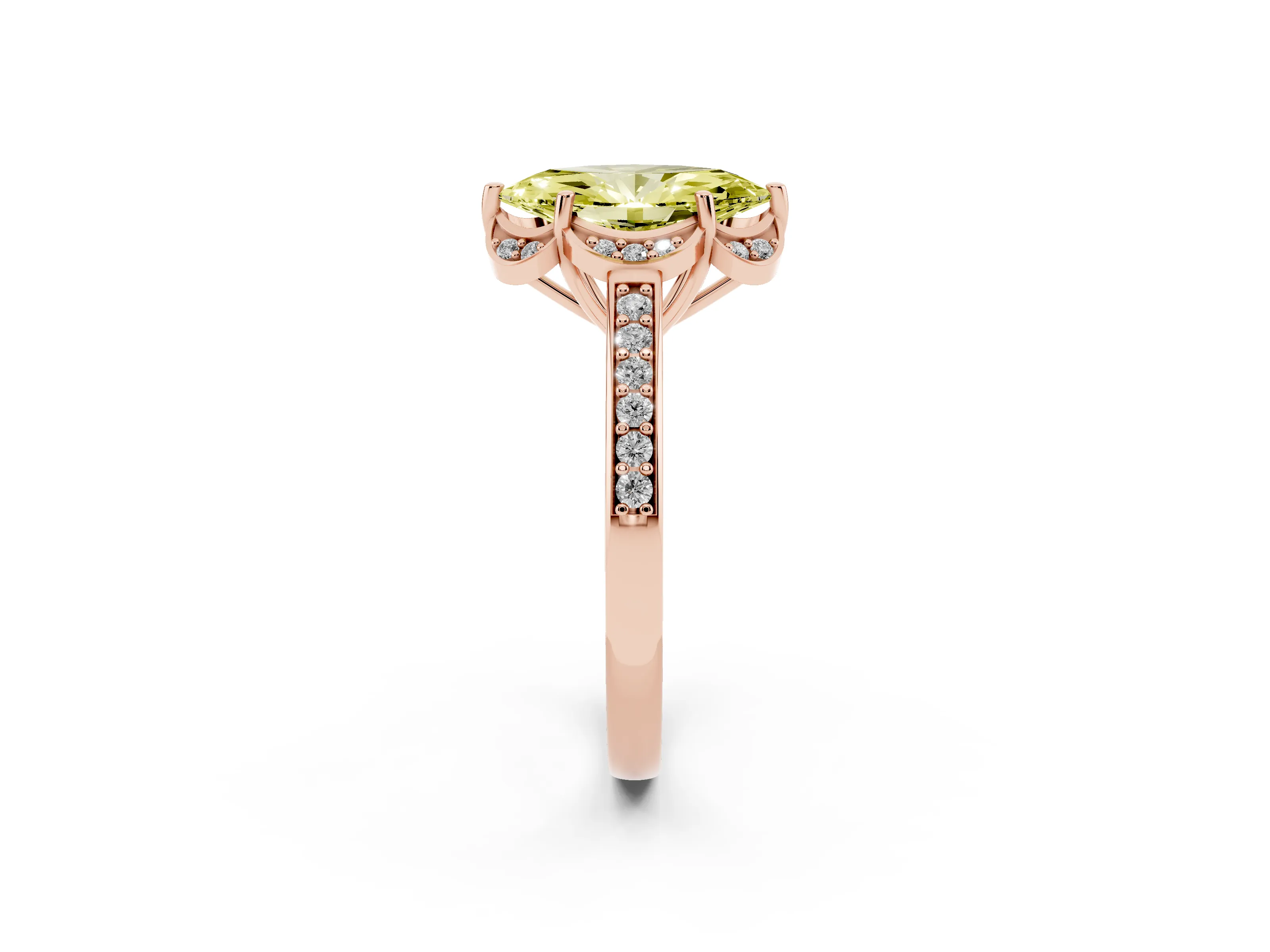 Fancy Yellow Marquise Cut Diamond Halo Ring Set in Rose gold with Channel Set Band and Prong Setting