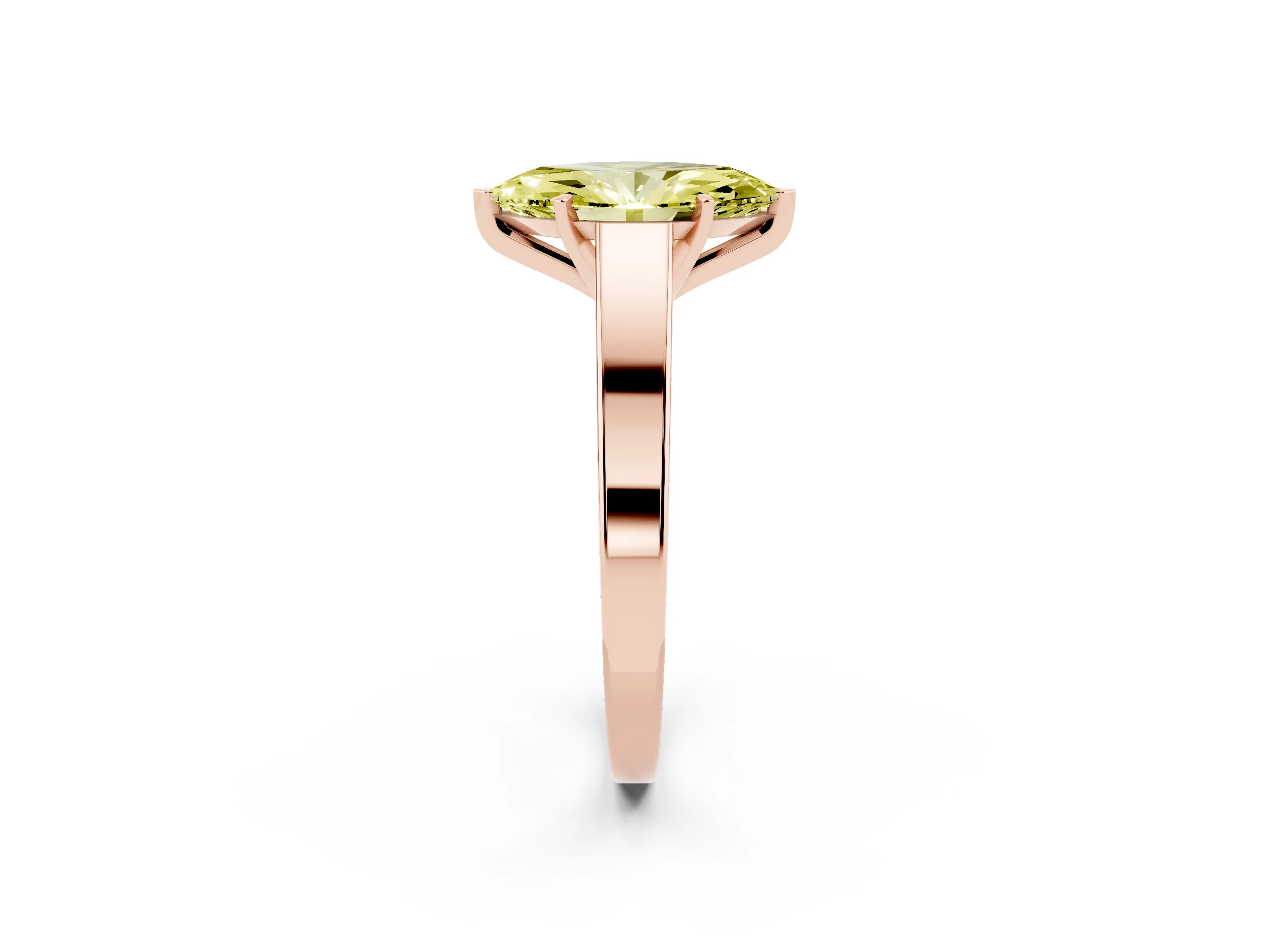 Fancy Yellow Marquise Cut Diamond Solitaire Engagement Ring Set in Rose gold with Prong Setting and Tapered Band