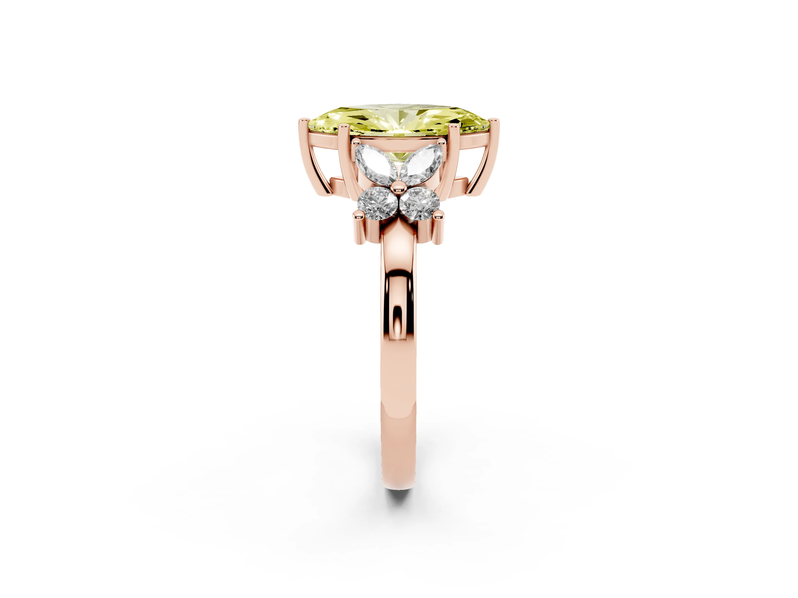 Fancy Yellow Marquise Cut Diamond Floral Cluster Ring Set in Rose gold with Marquise Petals and Prong Setting