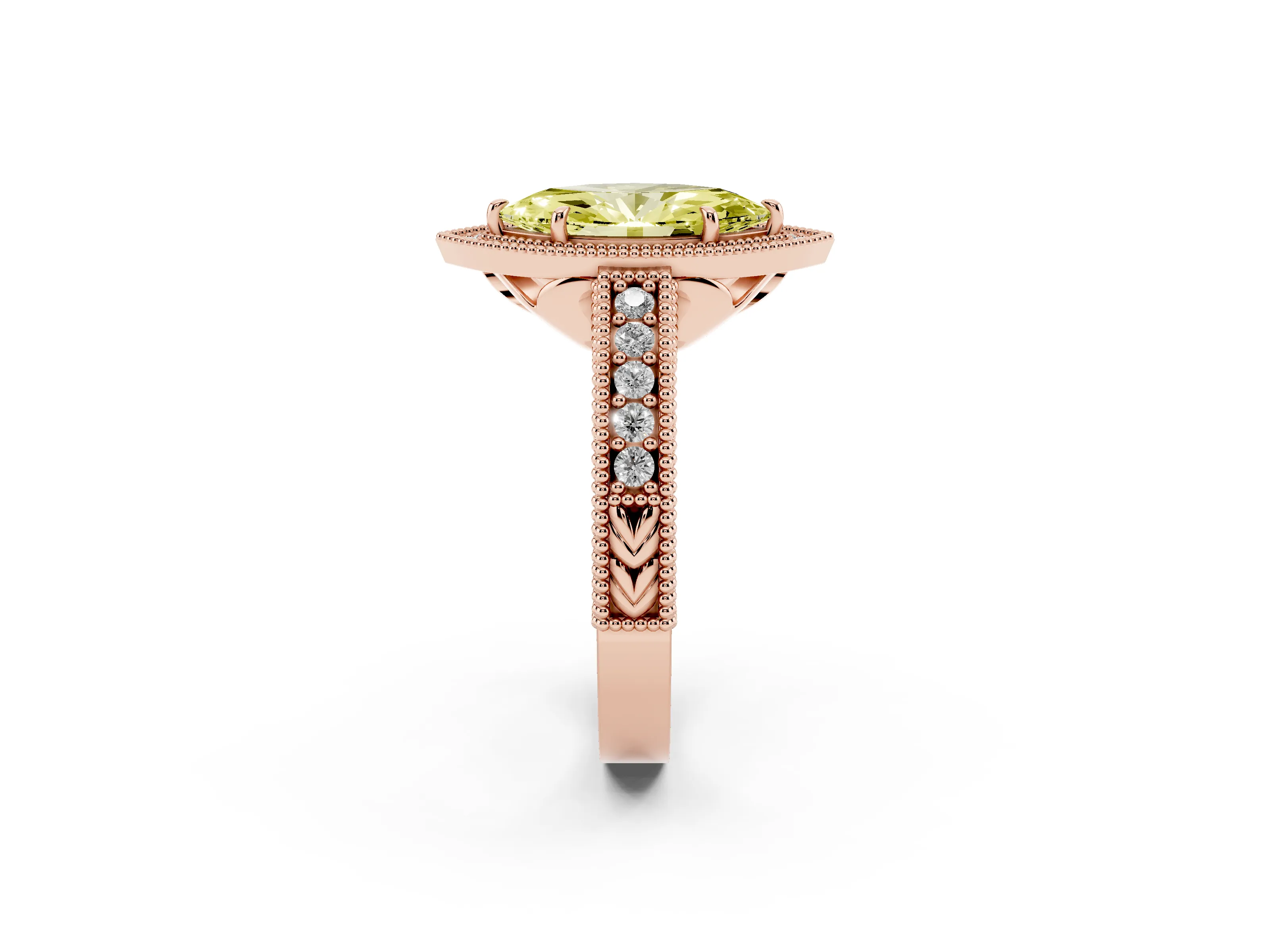 Fancy Yellow Marquise Cut Diamond Halo Ring Set in Rose gold with Round Accent Halo, Pavé Band and Prong Setting