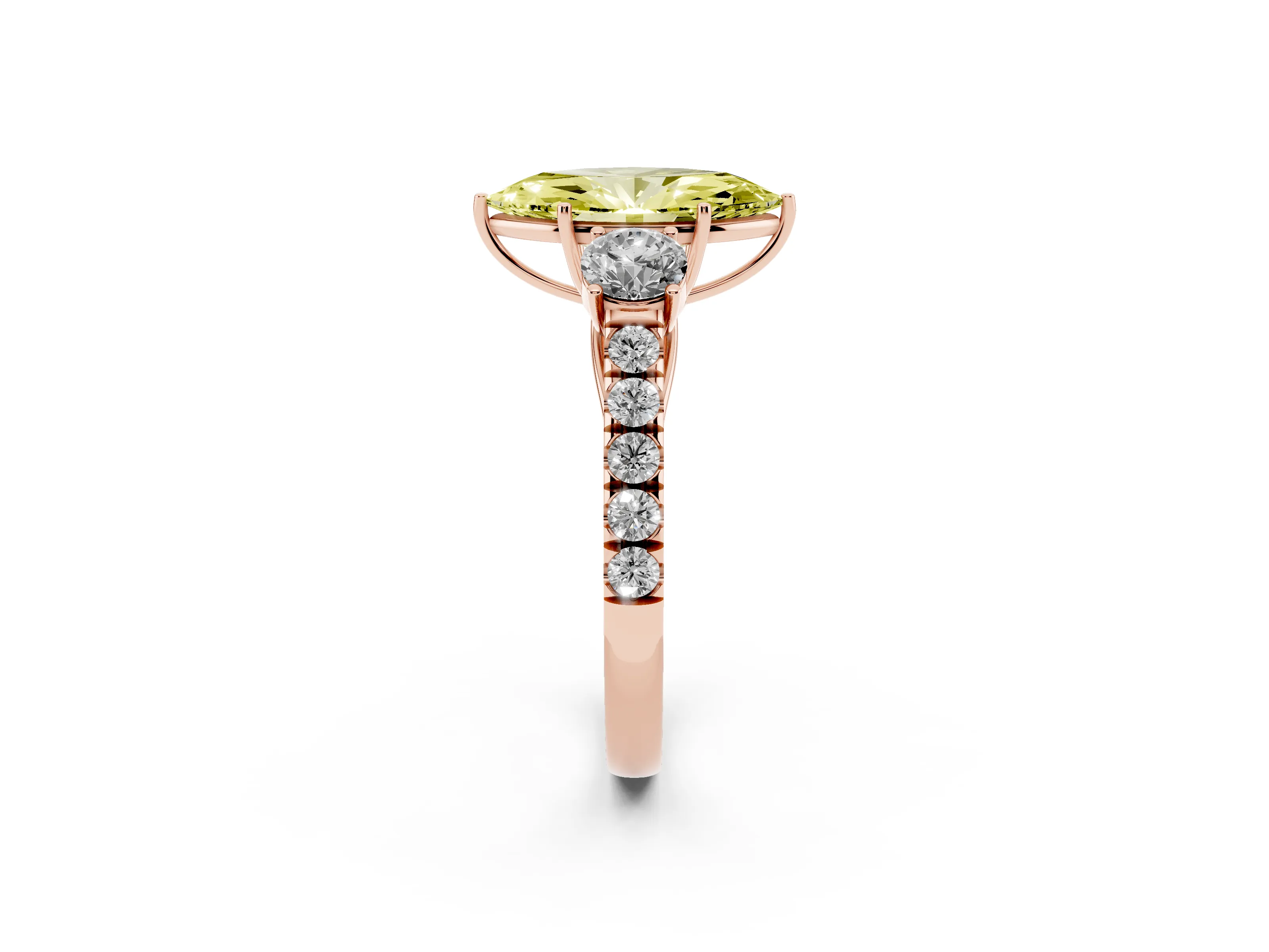 Fancy Yellow Marquise Cut Diamond Three-Stone Ring Set in Rose gold with Round Side Stones and Delicate Pavé Band