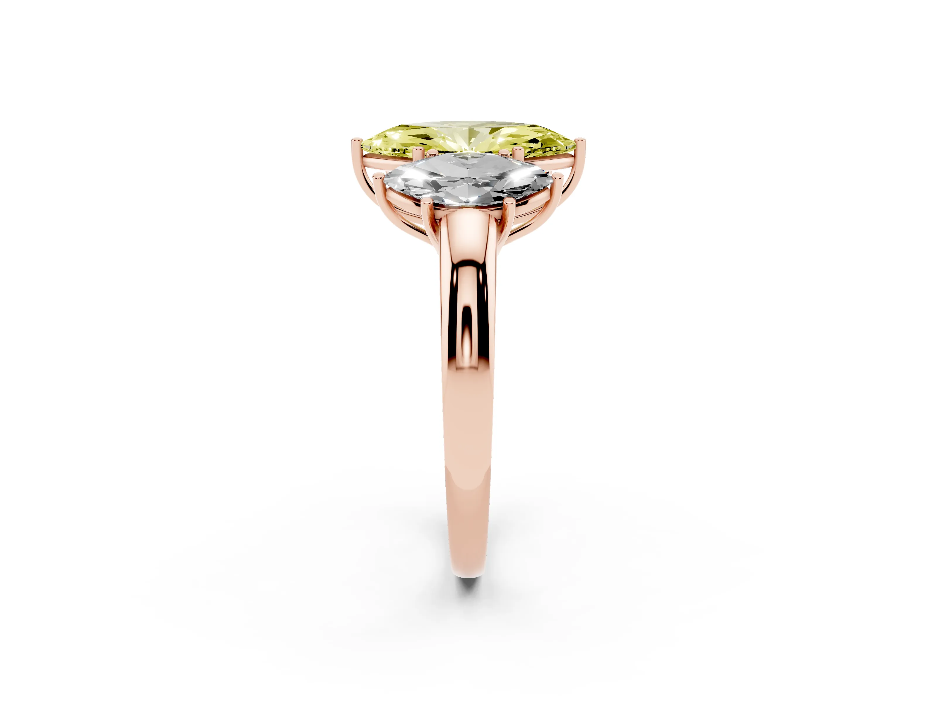 Fancy Yellow Marquise Cut Diamond Three-Stone Ring Set in Rose gold with Bold Center and Classic Band