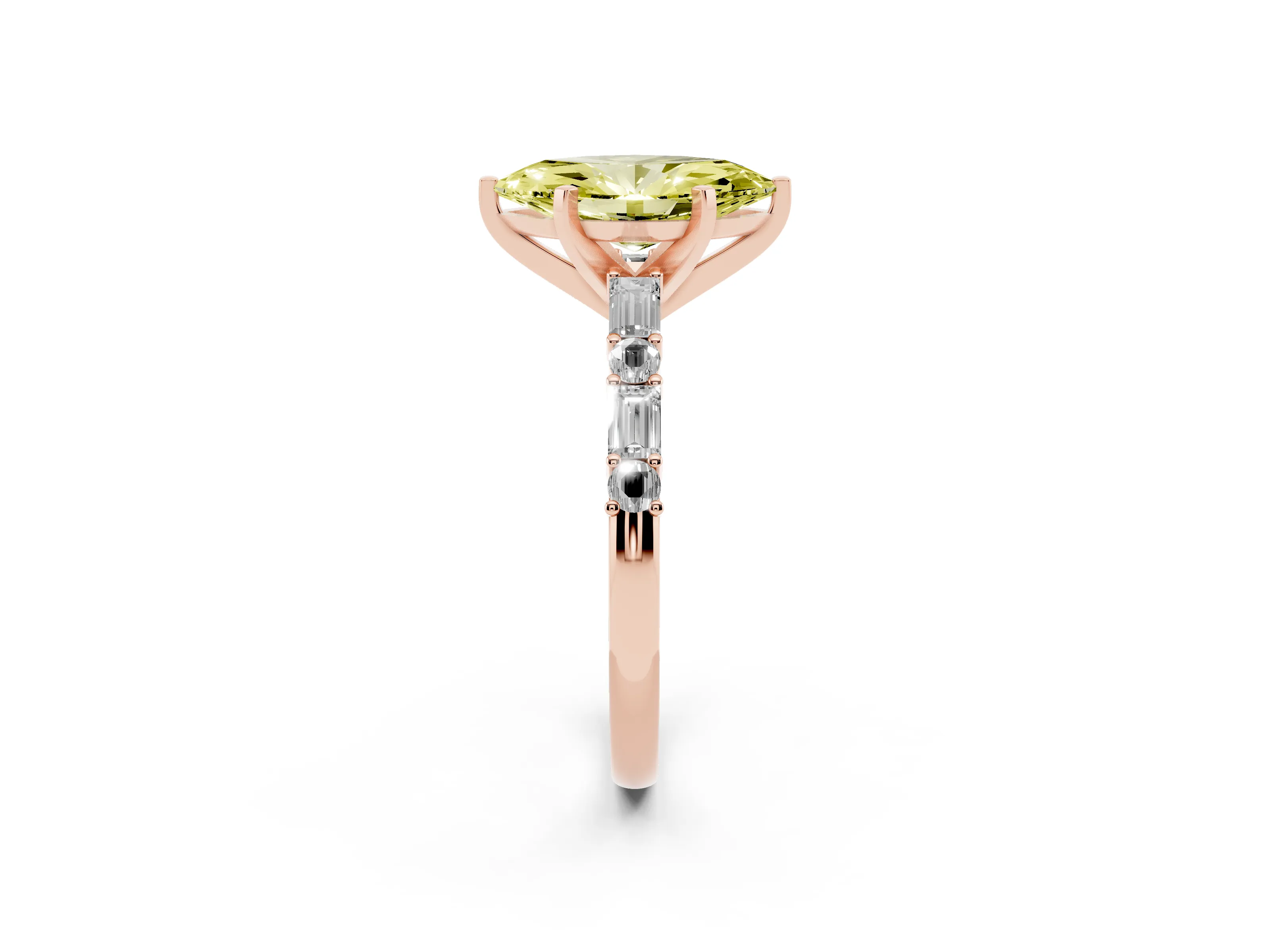 Fancy Yellow Marquise Cut Diamond Solitaire Set in Rose gold with Side Baguettes and Channel Set Band