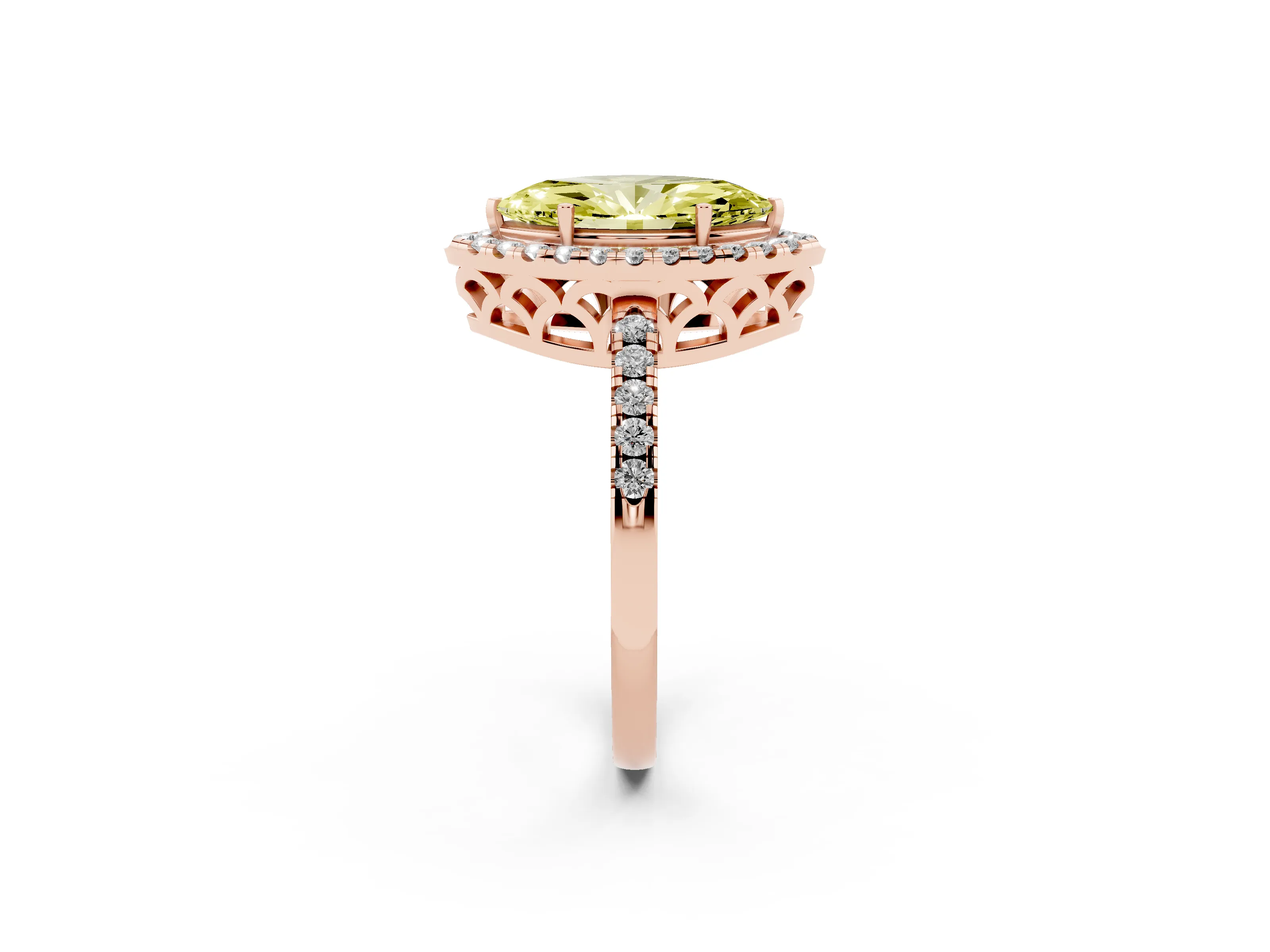 Fancy Yellow Marquise Cut Diamond Pavé Band Halo Engagement Ring Set in Rose gold with Prong Setting
