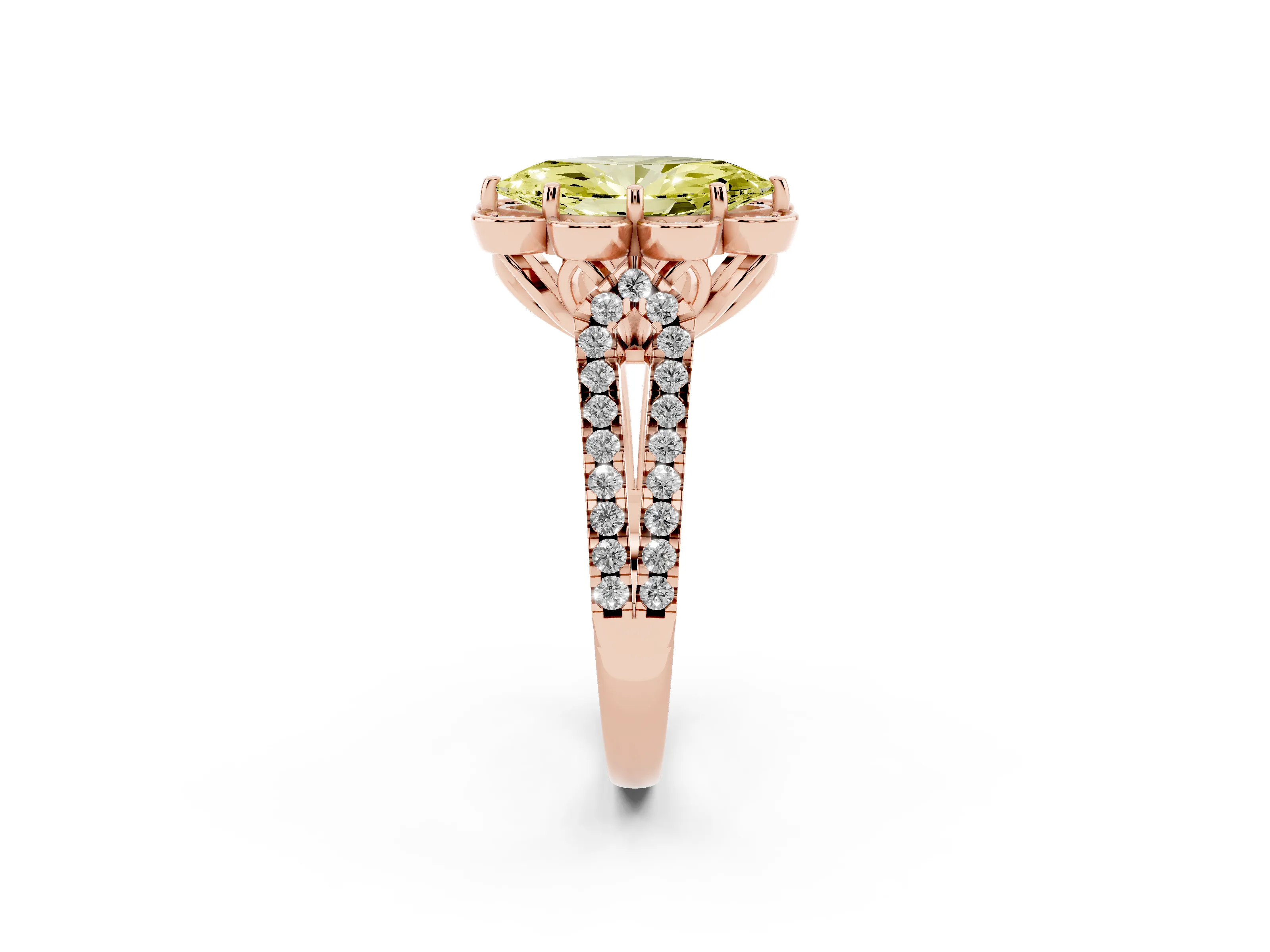 Fancy Yellow Marquise Cut Diamond Floral Halo Split Shank Engagement Ring Set in Rose gold with Pavé Shank