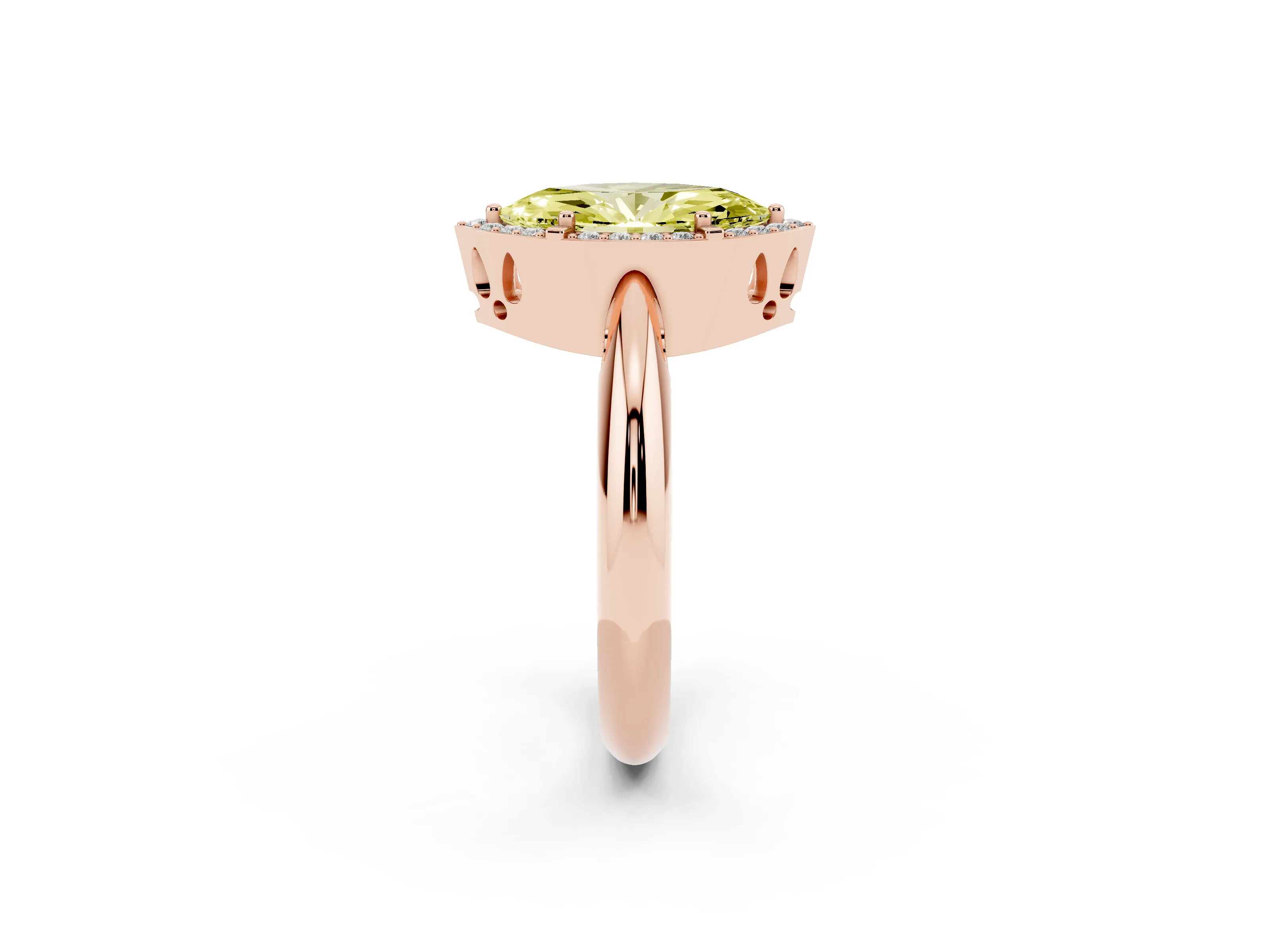 Fancy Yellow Marquise Cut Diamond Halo Engagement Ring Set in Rose gold with Plain Split Shank and Prong Setting