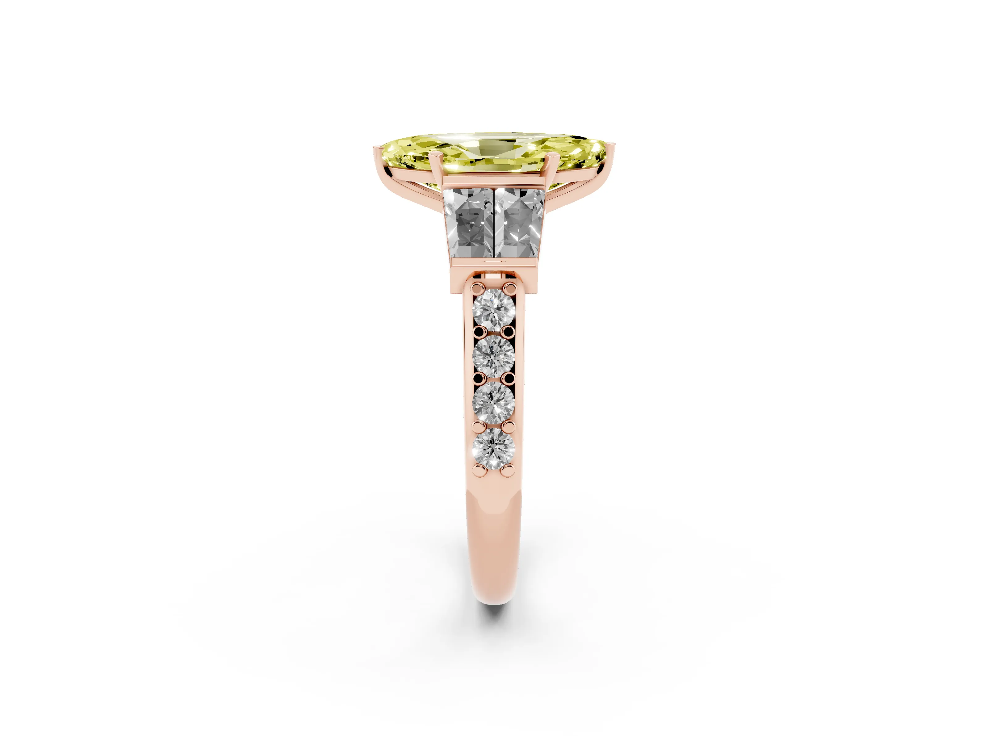 Fancy Yellow Marquise Cut Diamond Engagement Ring Set in Rose gold with Baguette Side Stones and Channel Set Band