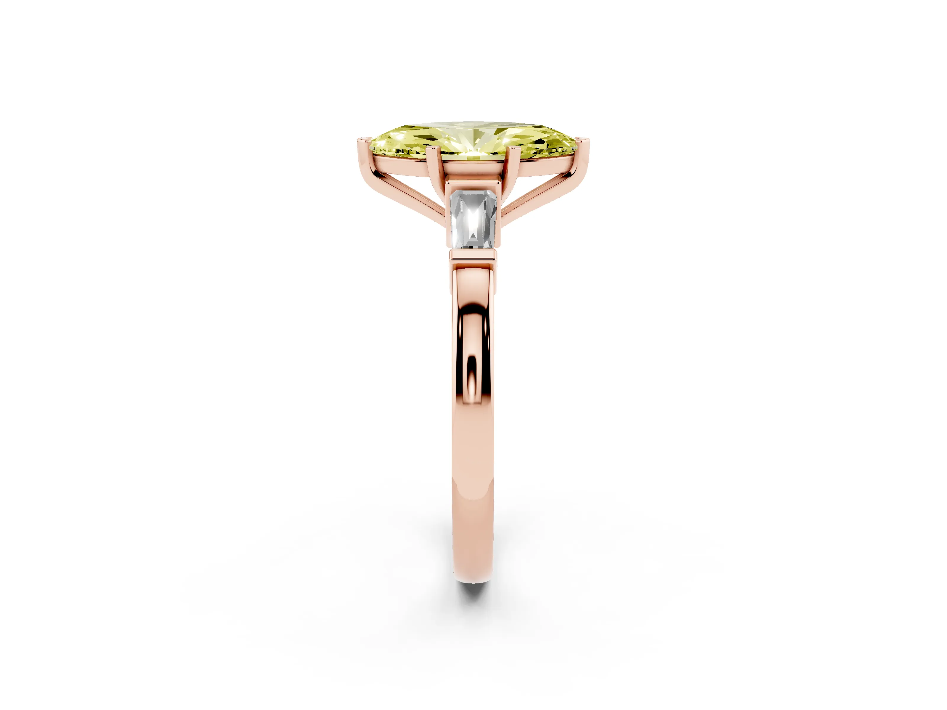 Fancy Yellow Marquise Cut Diamond Solitaire Ring Set in Rose gold with Tapered Baguette Accents and Prong Setting