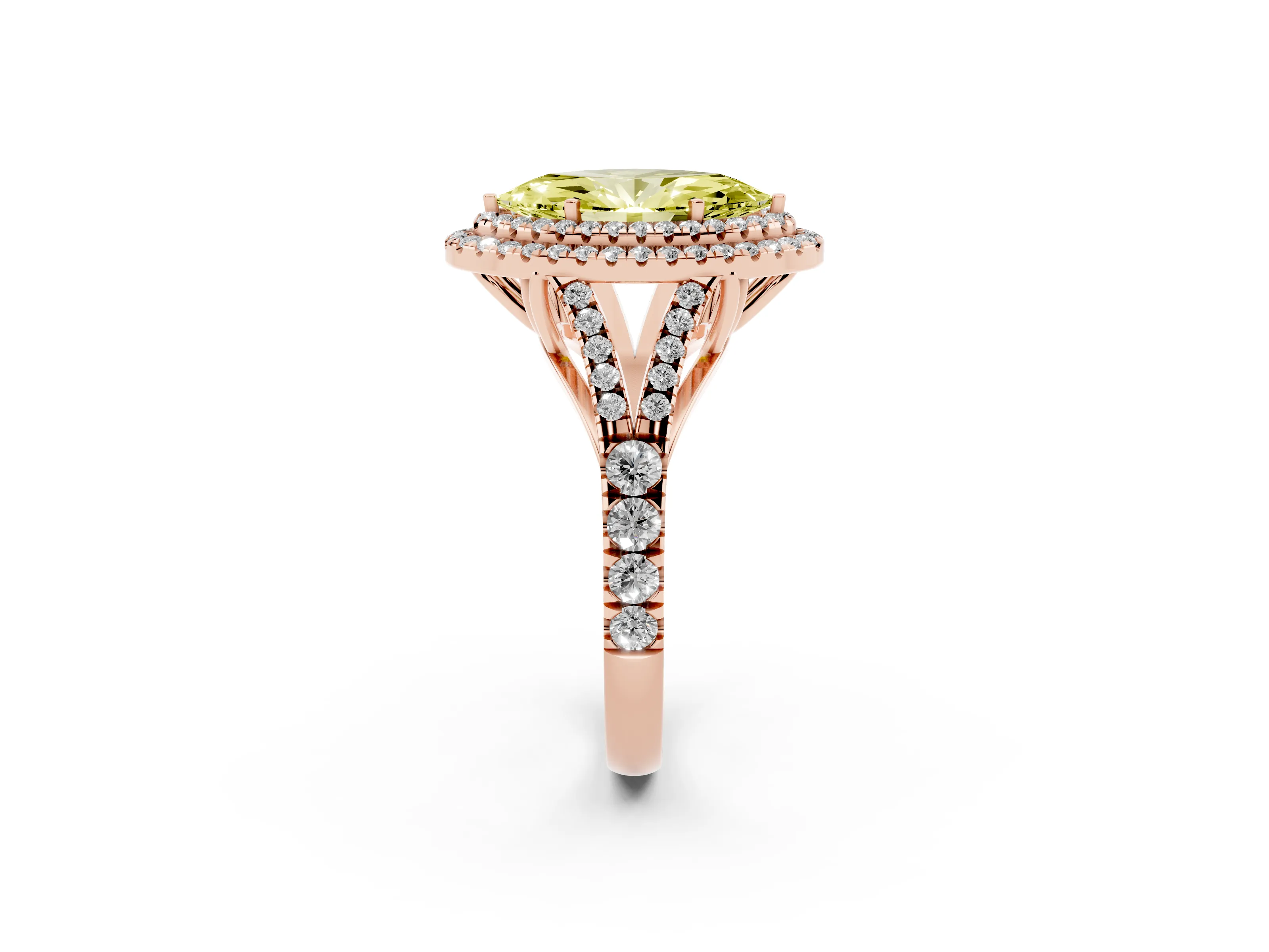 Fancy Yellow Marquise Cut Diamond Pavé Split Shank Double Halo Engagement Ring Set in Rose gold