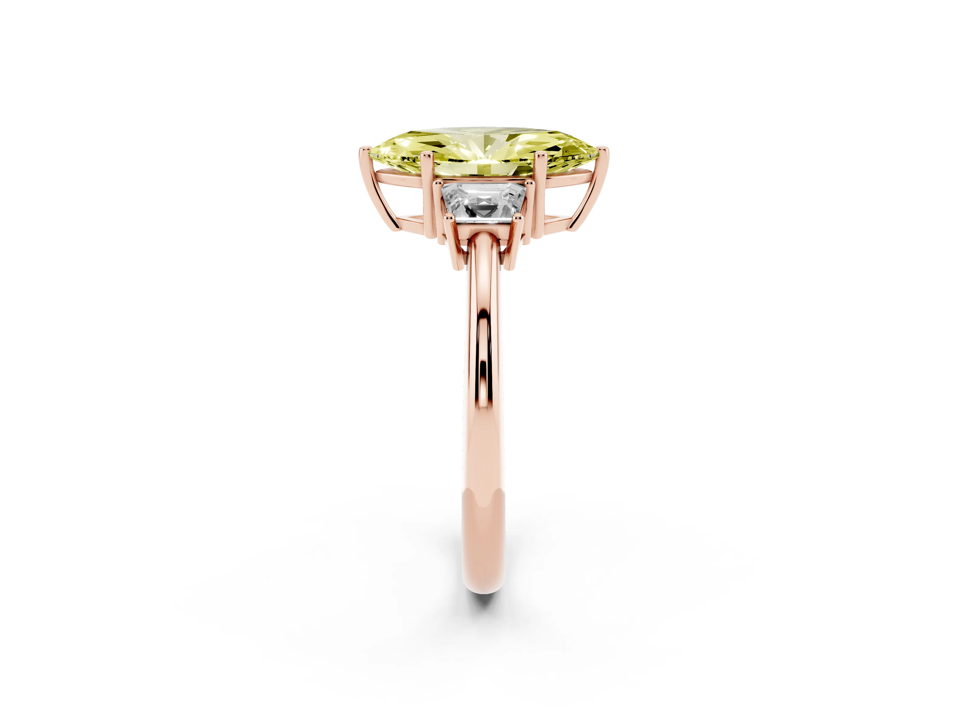 Fancy Yellow Marquise Cut Diamond Three-Stone Ring Set in Rose gold with Trapezoid Side Stones and Prong Setting