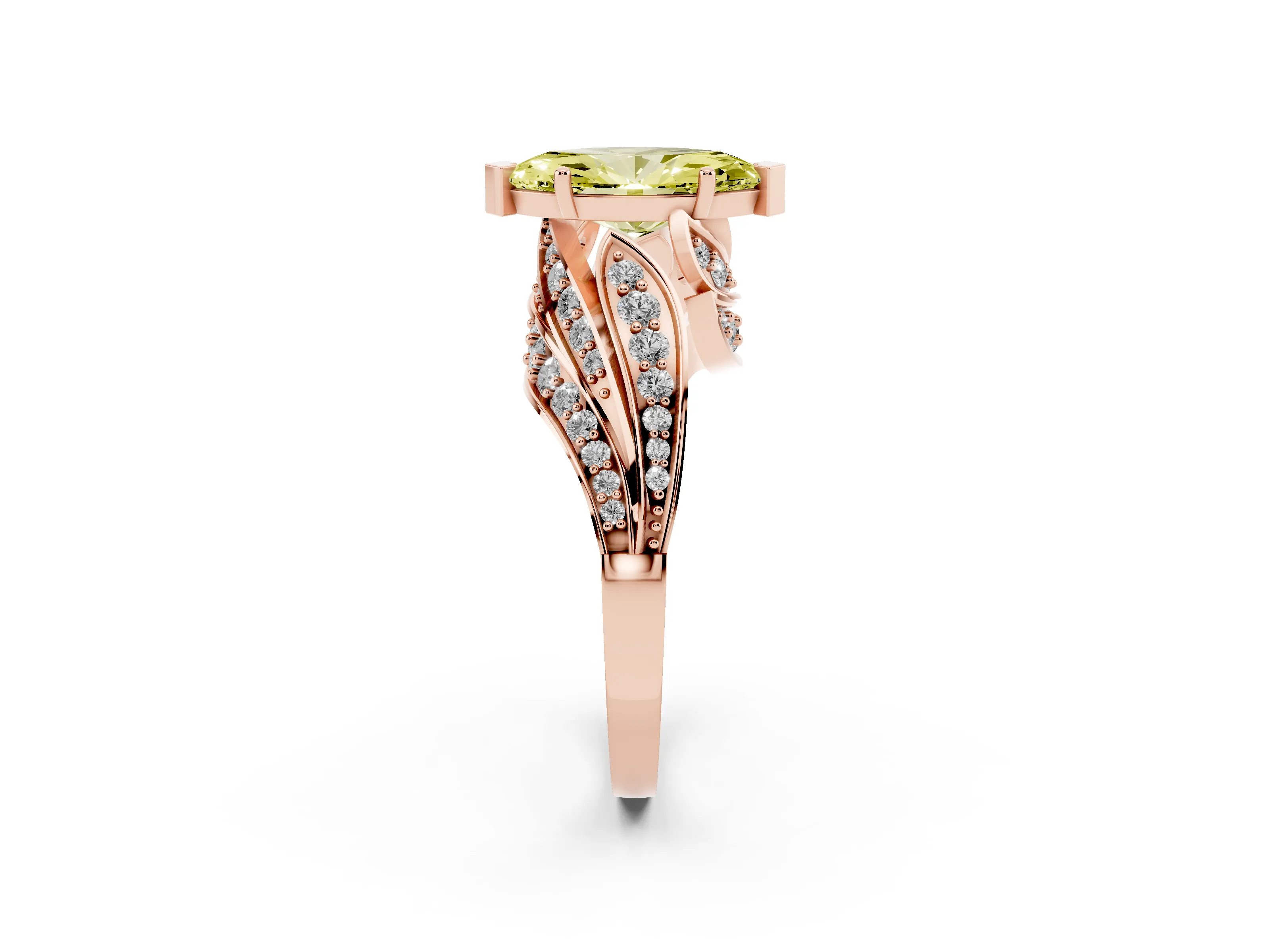 Fancy Yellow Marquise Cut Diamond Solitaire Ring Set in Rose gold with Layered Twist Pavé Band