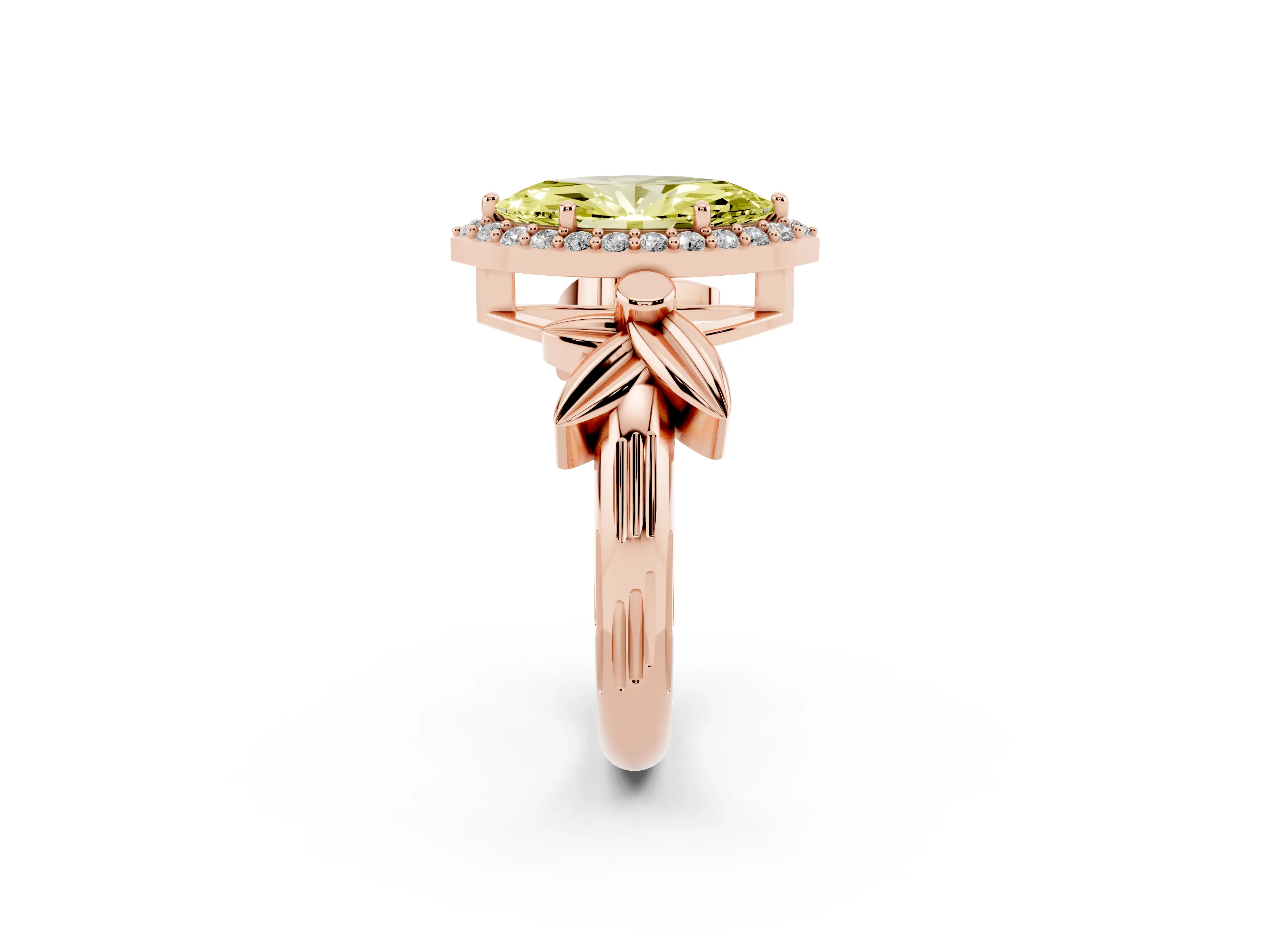 Fancy Yellow Marquise Cut Diamond Halo Floral Band Ring Set in Rose gold with Prong Setting