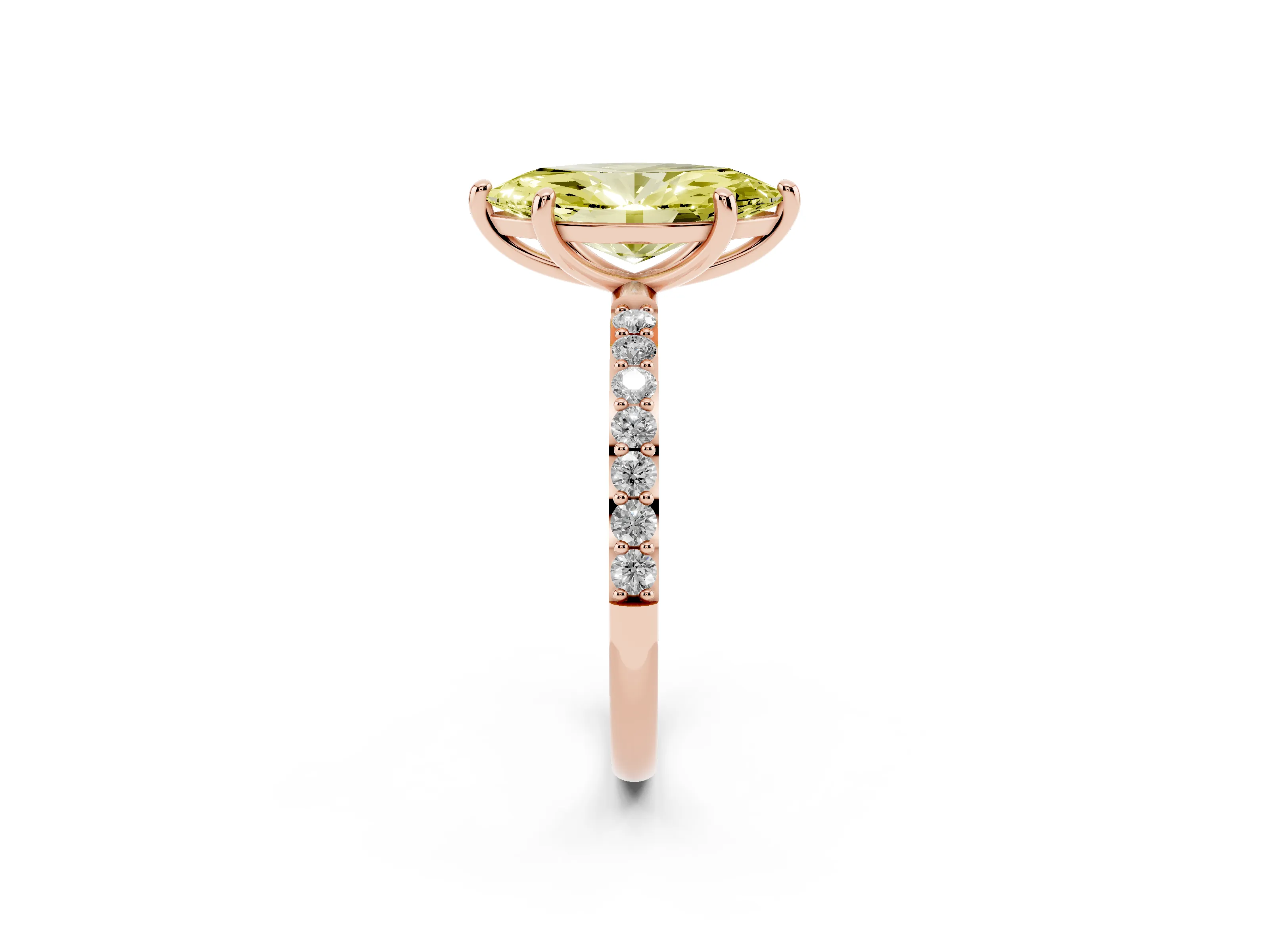 Fancy Yellow Marquise Cut Diamond Solitaire Ring Set in Rose gold with Round Pavé Band and Prong Setting