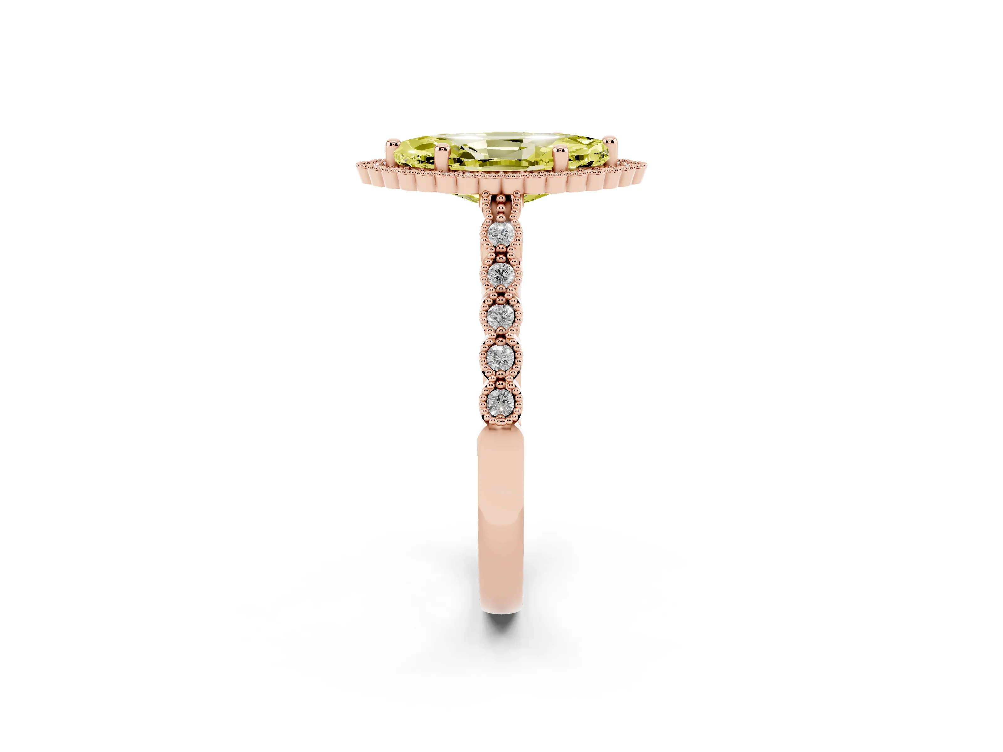 Fancy Yellow Marquise Cut Diamond Halo Ring Set in Rose gold with Pavé Milgrain Band