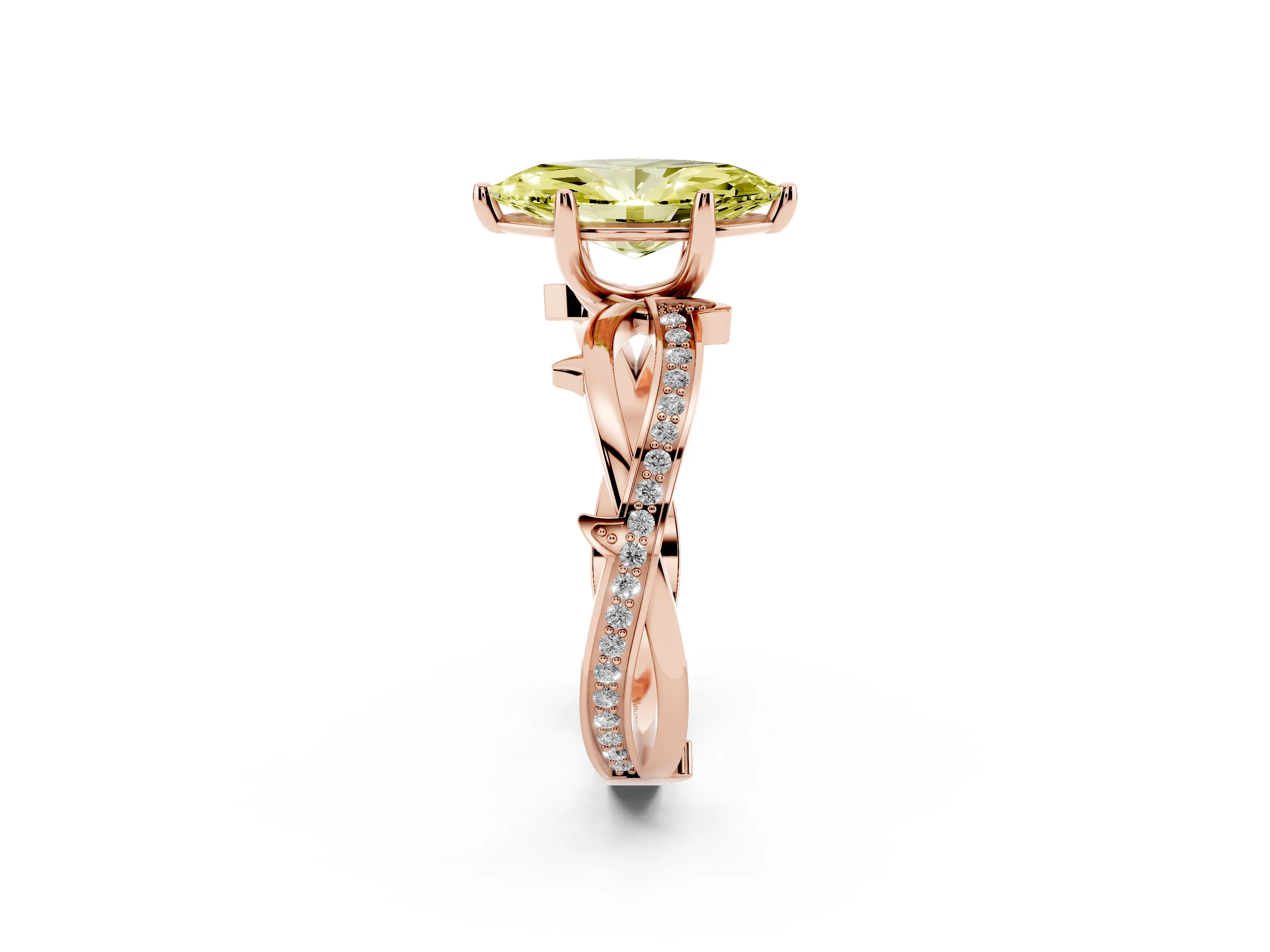 Fancy Yellow Marquise Cut Diamond Pavé Twist Band Solitaire Ring Set in Rose gold with Prong Setting