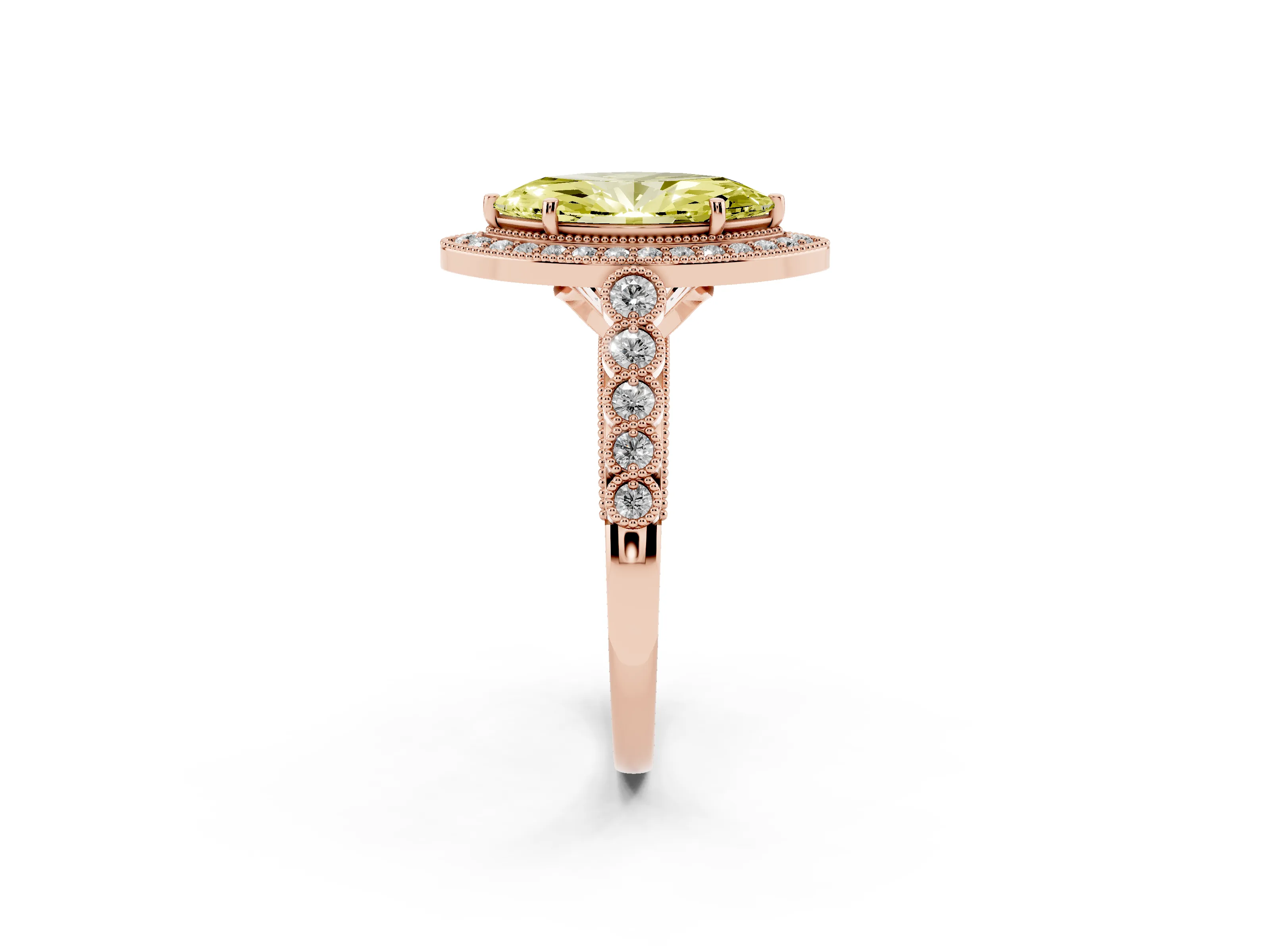 Fancy Yellow Marquise Cut Diamond Milgrain Halo Solitaire Ring Set in Rose gold with Bezel Set Side Stones and Pavé Band