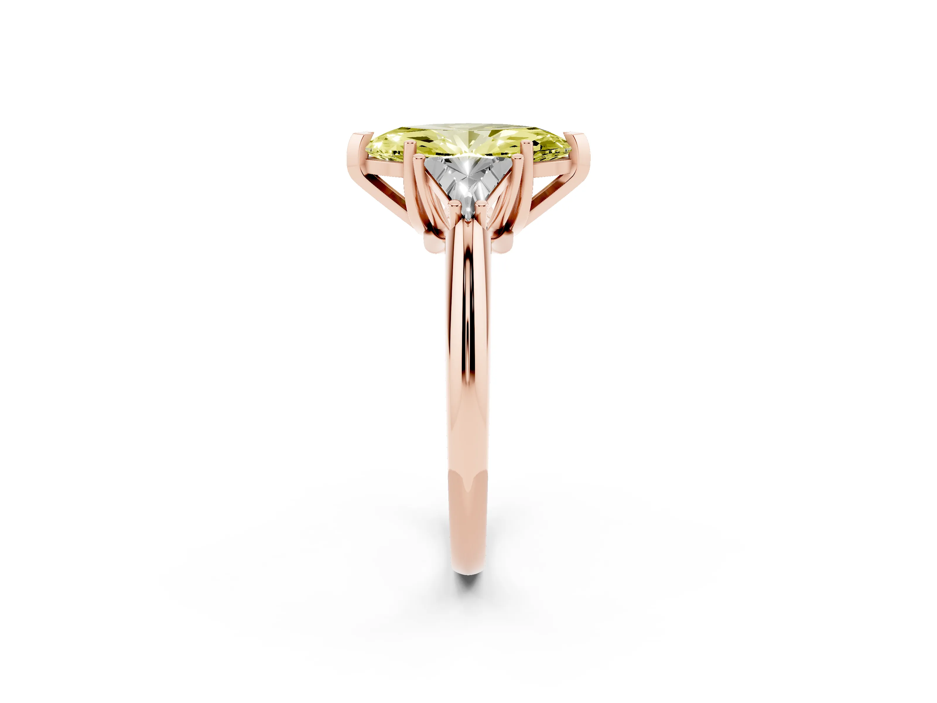 Fancy Yellow Marquise Cut Diamond Three-Stone Engagement Ring Set in Rose gold with Trillion Side Stones