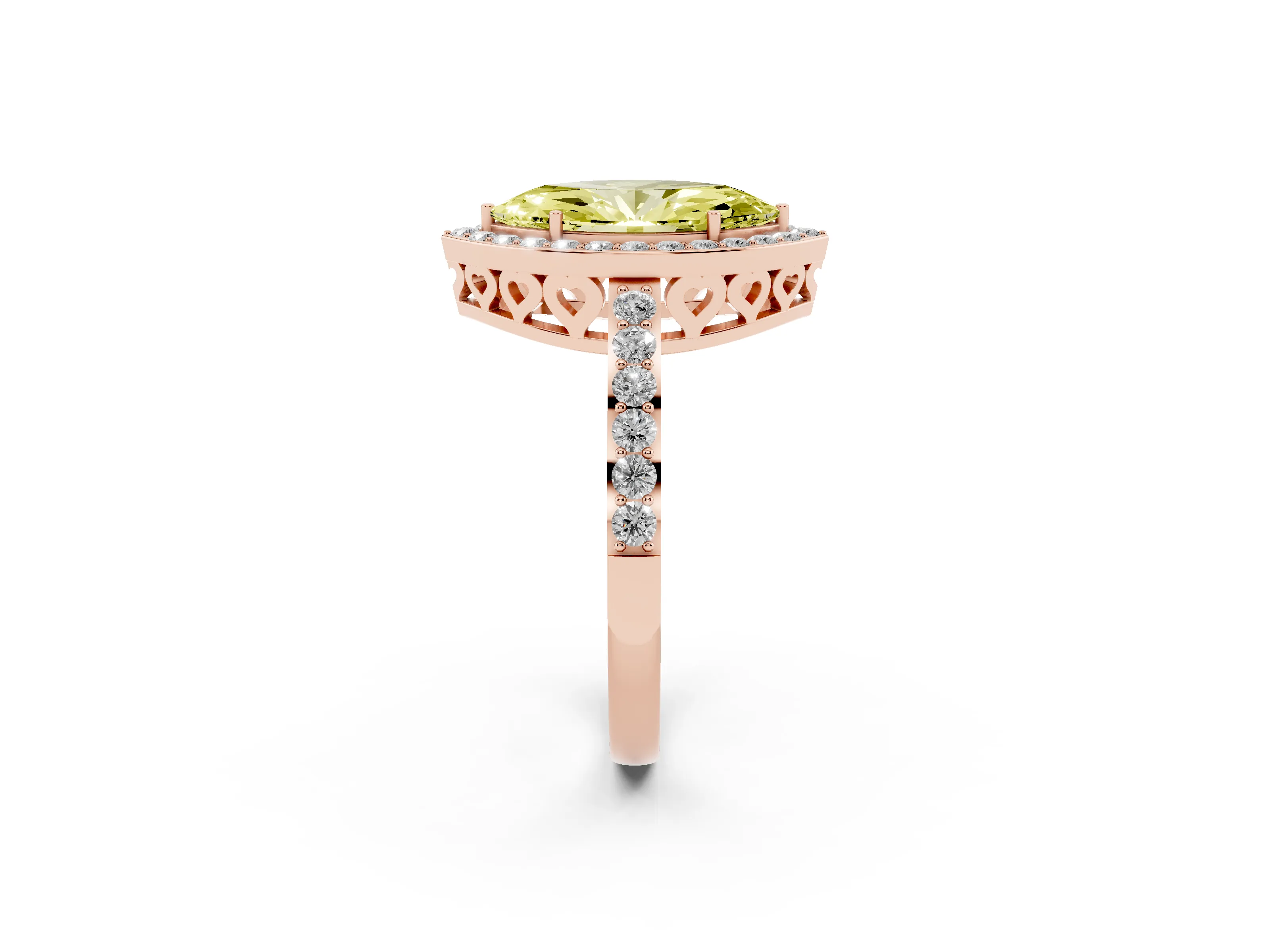Fancy Yellow Marquise Cut Diamond Halo Ring Set in Rose gold with Pavé-Setting Band and Open Prong Center