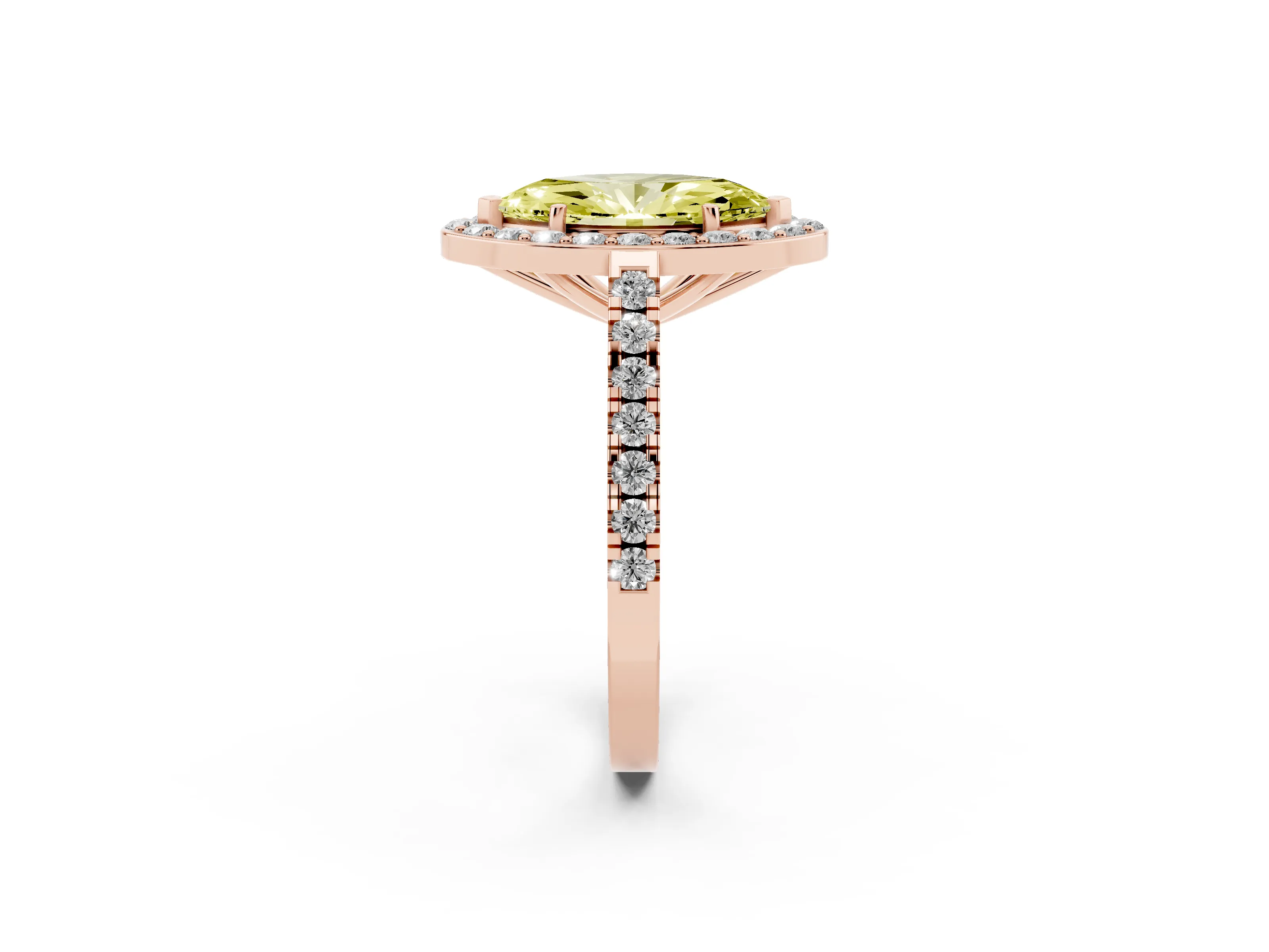 Fancy Yellow Marquise Cut Diamond Halo Ring Set in Rose gold with Round Pavé Split Shank and Prong Setting