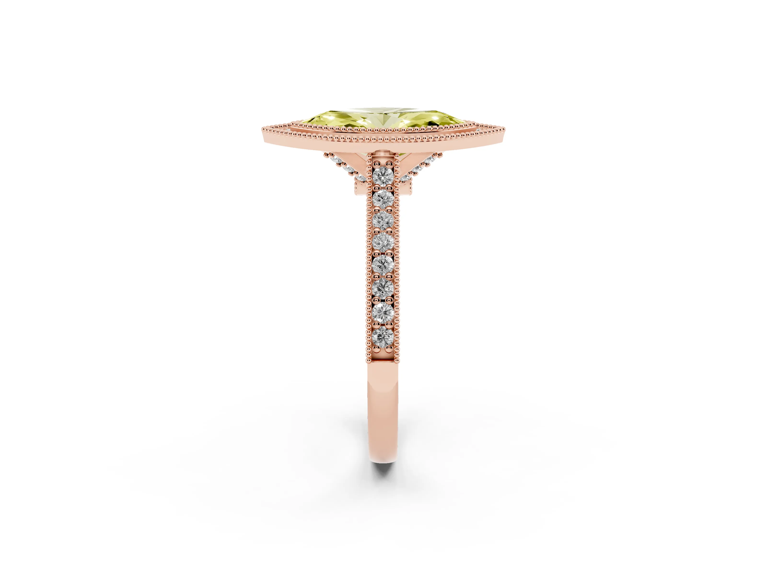 Fancy Yellow Marquise Cut Diamond Halo Milgrain Pavé Band Ring Set in Rose gold with Prong Setting