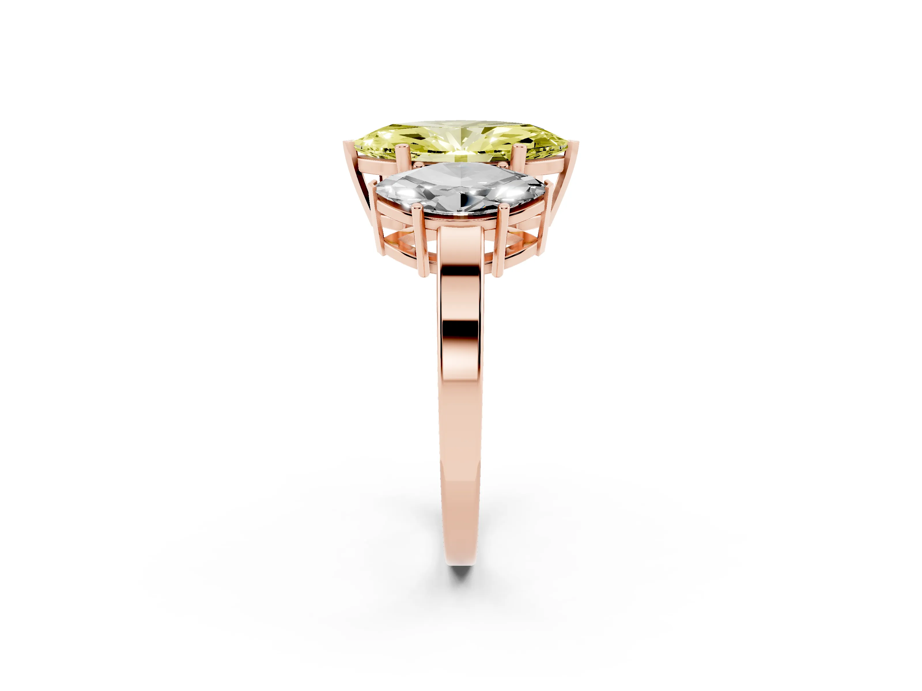 Fancy Yellow Marquise Cut Diamond Three-Stone Engagement Ring Set in Rose gold with Flat Band