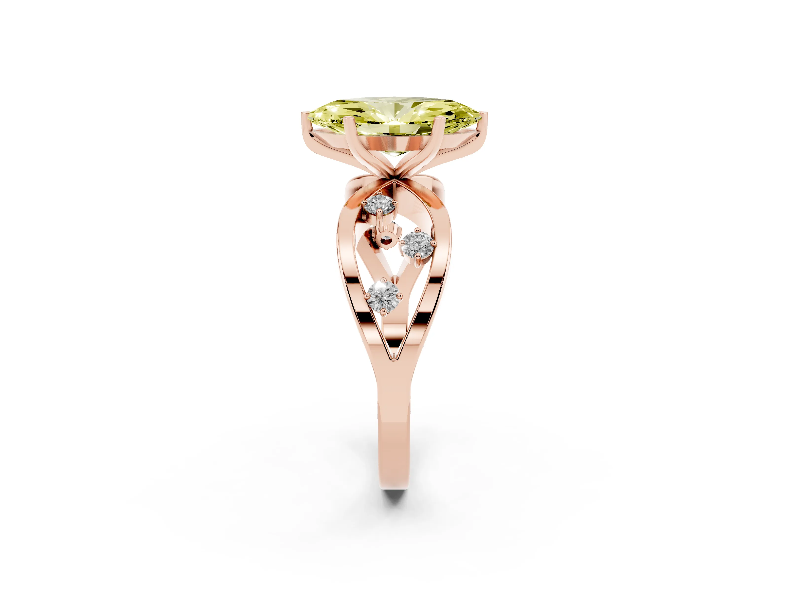 Fancy Yellow Marquise Cut Diamond Solitaire Ring Set in Rose gold with Side Stones on Criss-Cross Band and Prong Setting