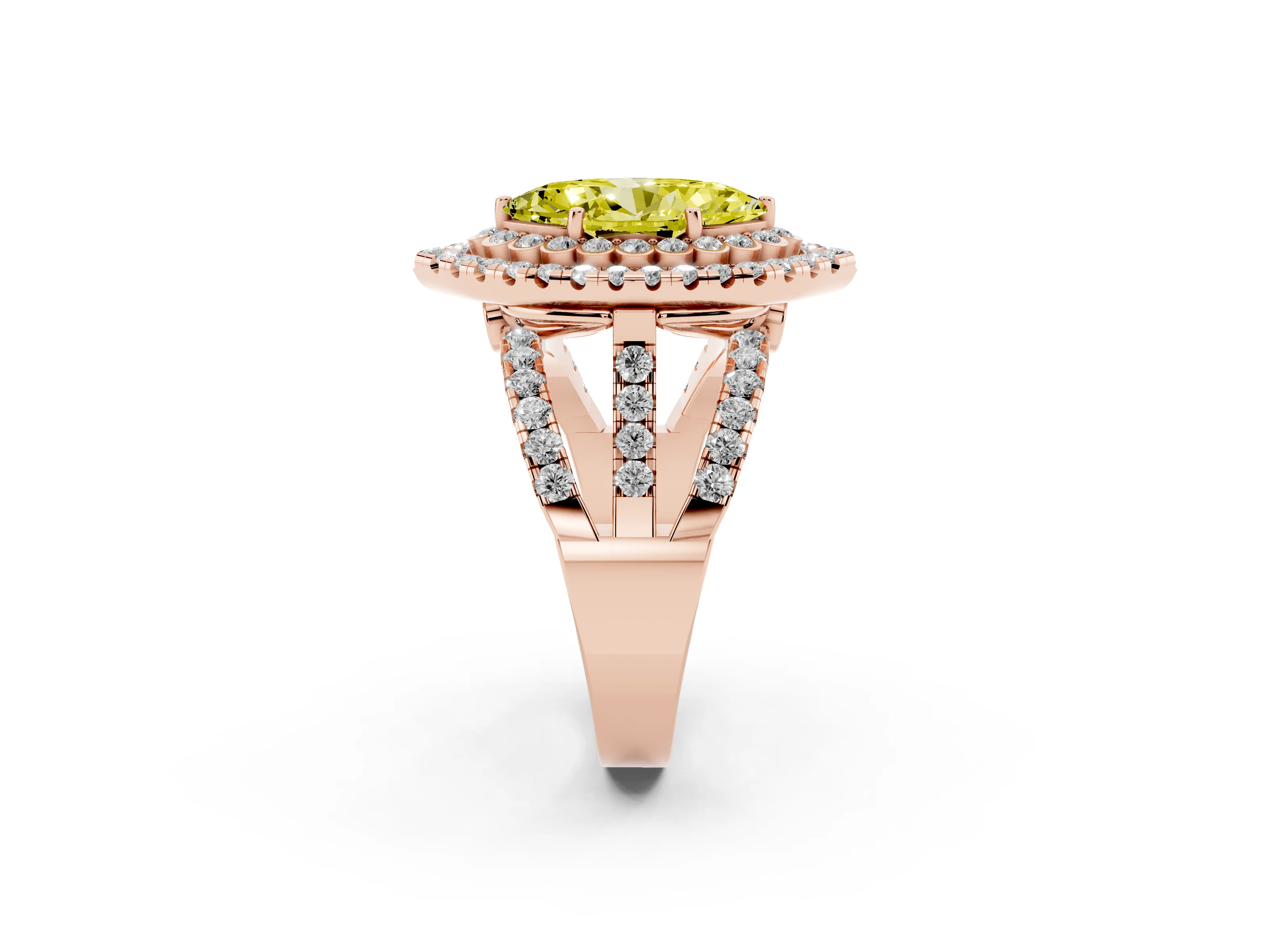 Fancy Yellow Marquise Cut Diamond Double Halo Ring Set in Rose gold with Round Pavé Split Shank