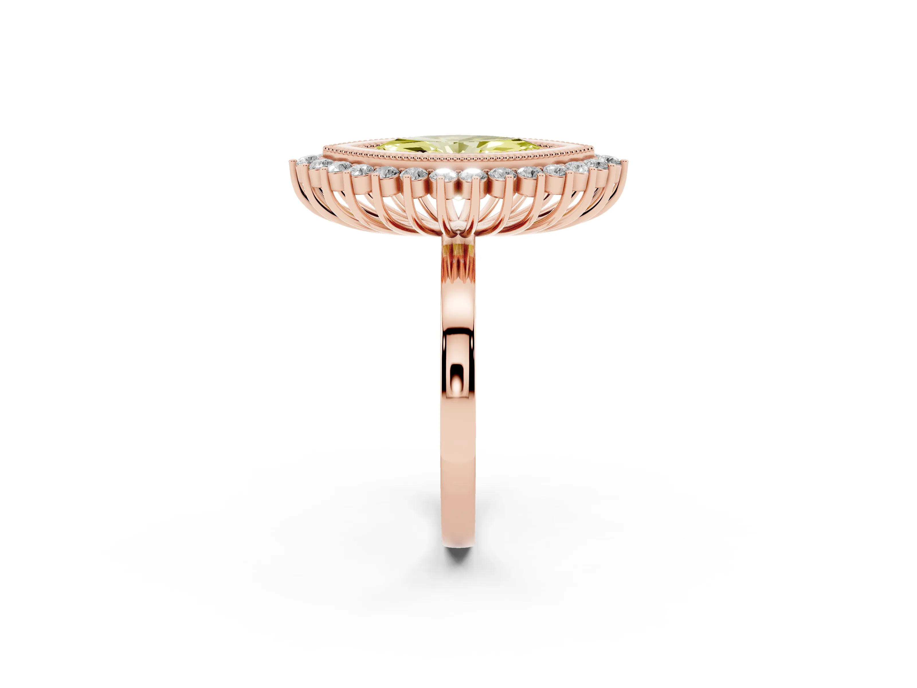 Fancy Yellow Marquise Cut Diamond Halo Ring Set in Rose gold with Milgrain Edge and Round Prong Setting