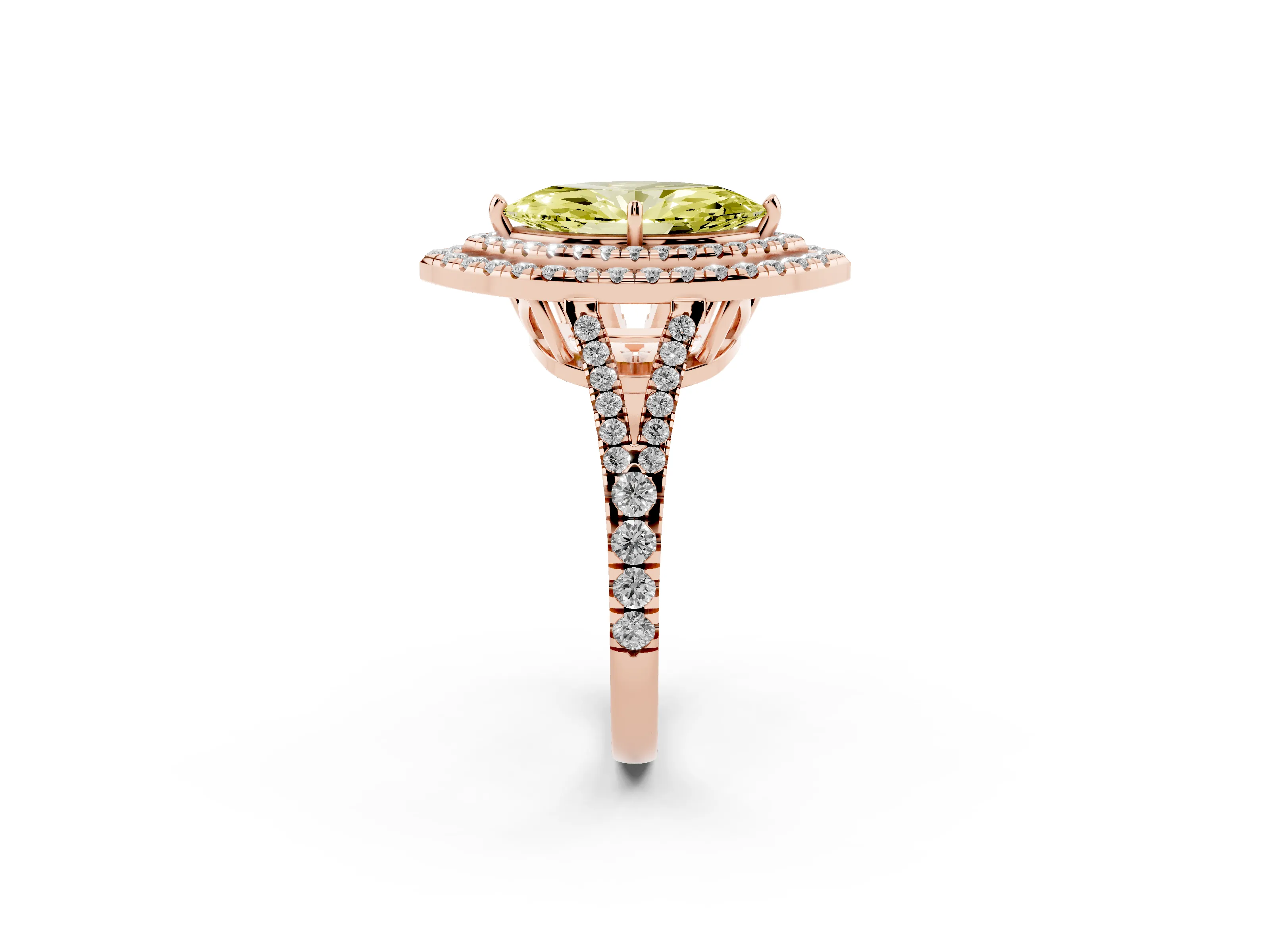 Fancy Yellow Marquise Cut Diamond Double Halo Ring Set in Rose gold with Pavé Band