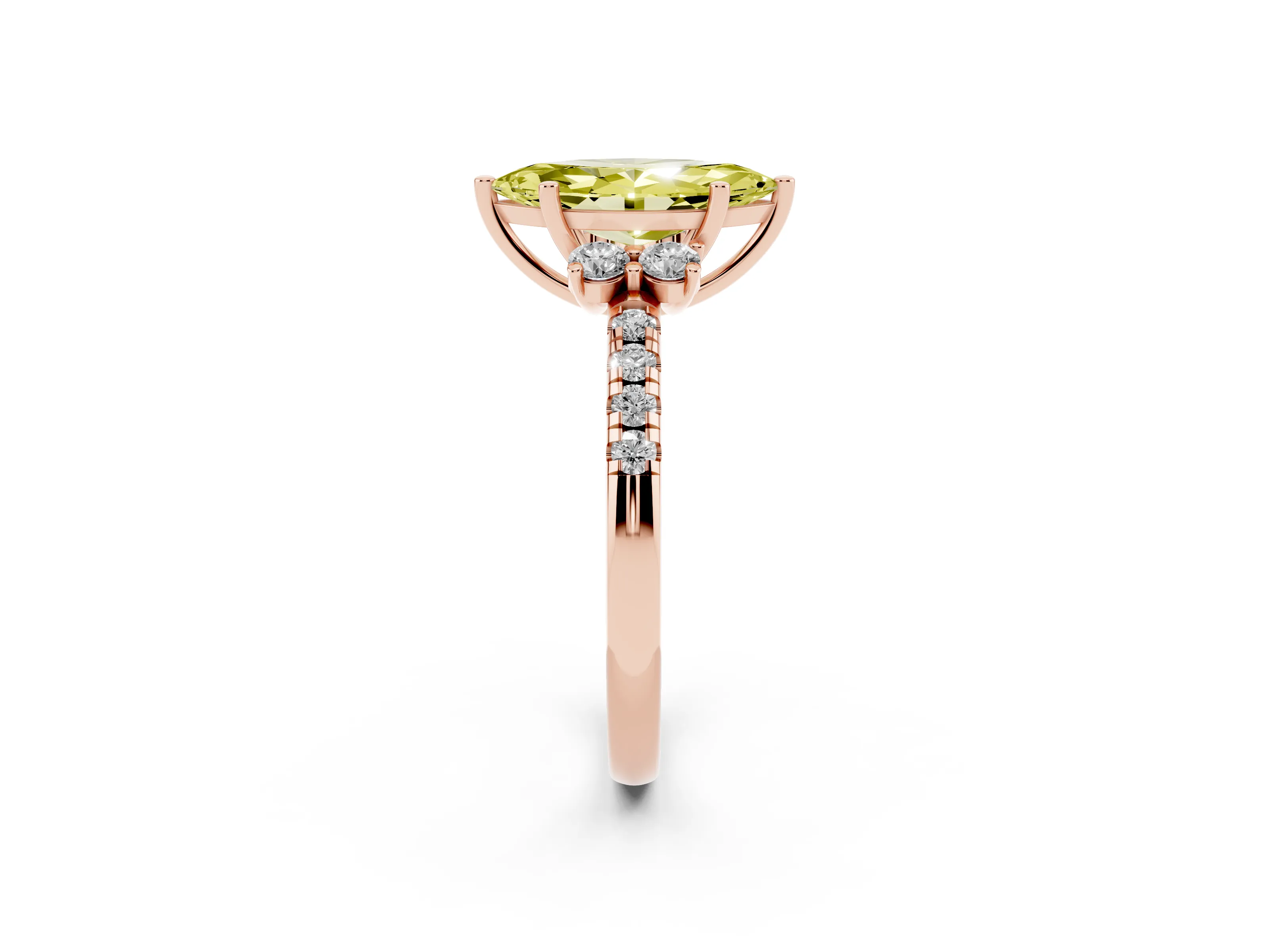 Fancy Yellow Marquise Cut Diamond Three-Stone Pavé Ring Set in Rose gold with Prong Setting