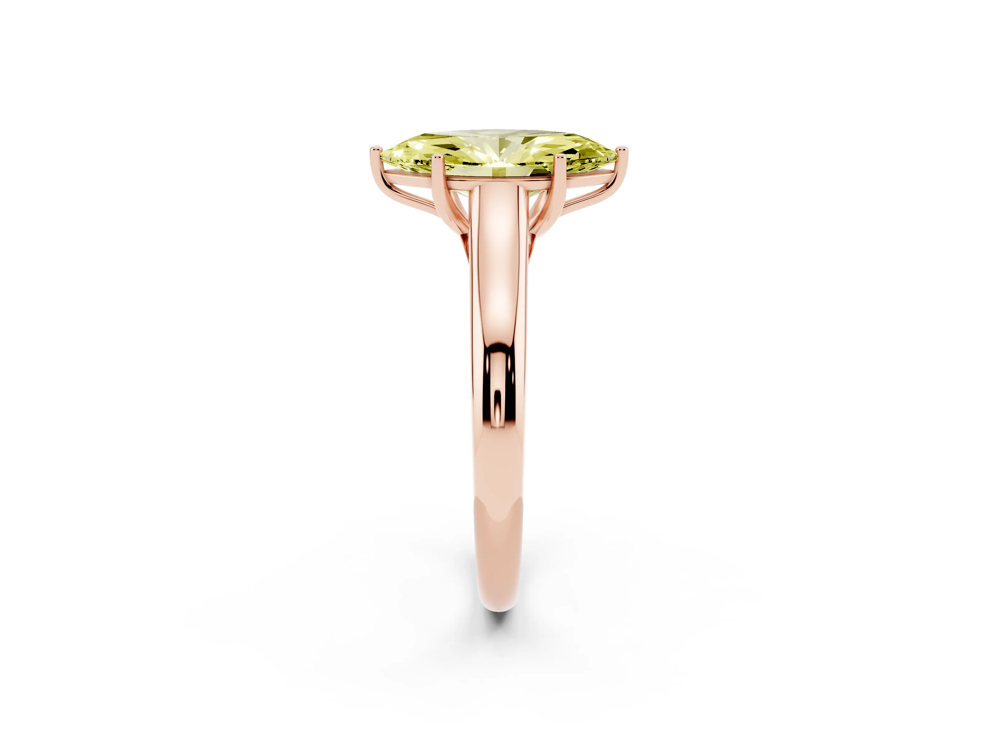 Fancy Yellow Marquise Cut Diamond Solitaire Engagement Ring Set in Rose gold with Subtly Tapered Band and Prong Setting