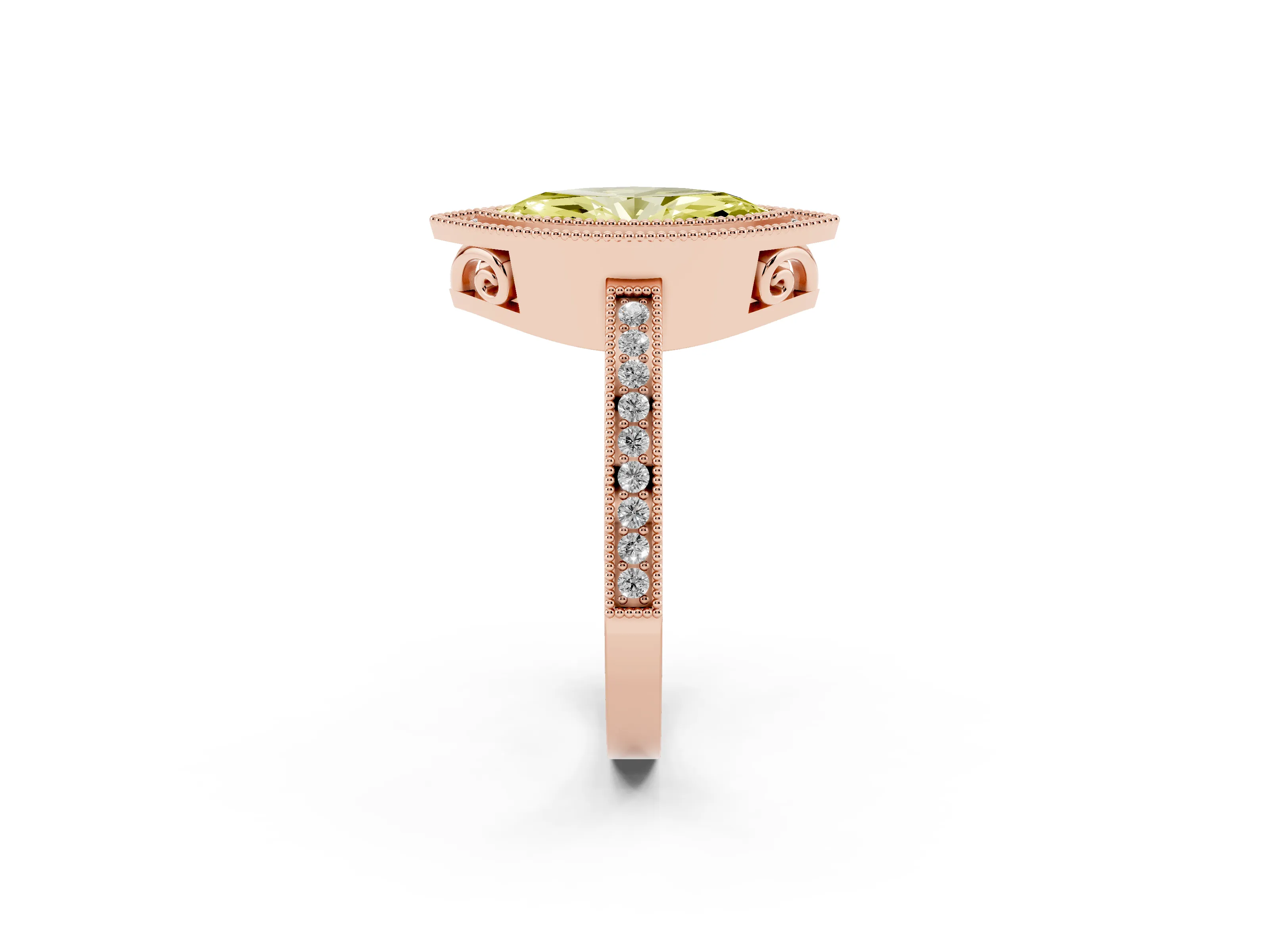 Fancy Yellow Marquise Cut Diamond Halo Ring Set in Rose gold with Pavé Band and Milgrain-Edged Prongs