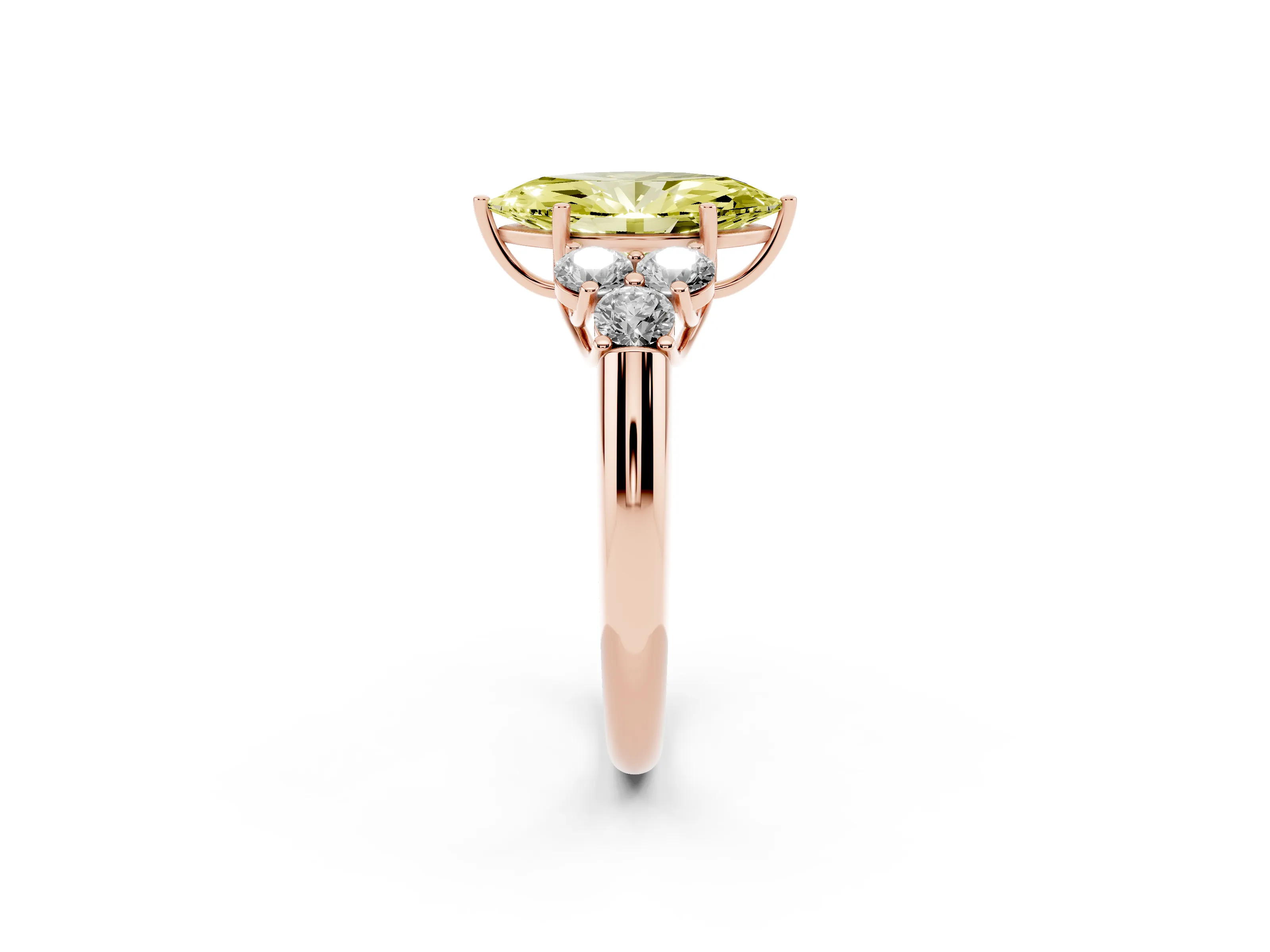 Fancy Yellow Marquise Cut Diamond Cluster Ring Set in Rose gold with Round Accent Stones and Prong Setting on a Plain Band