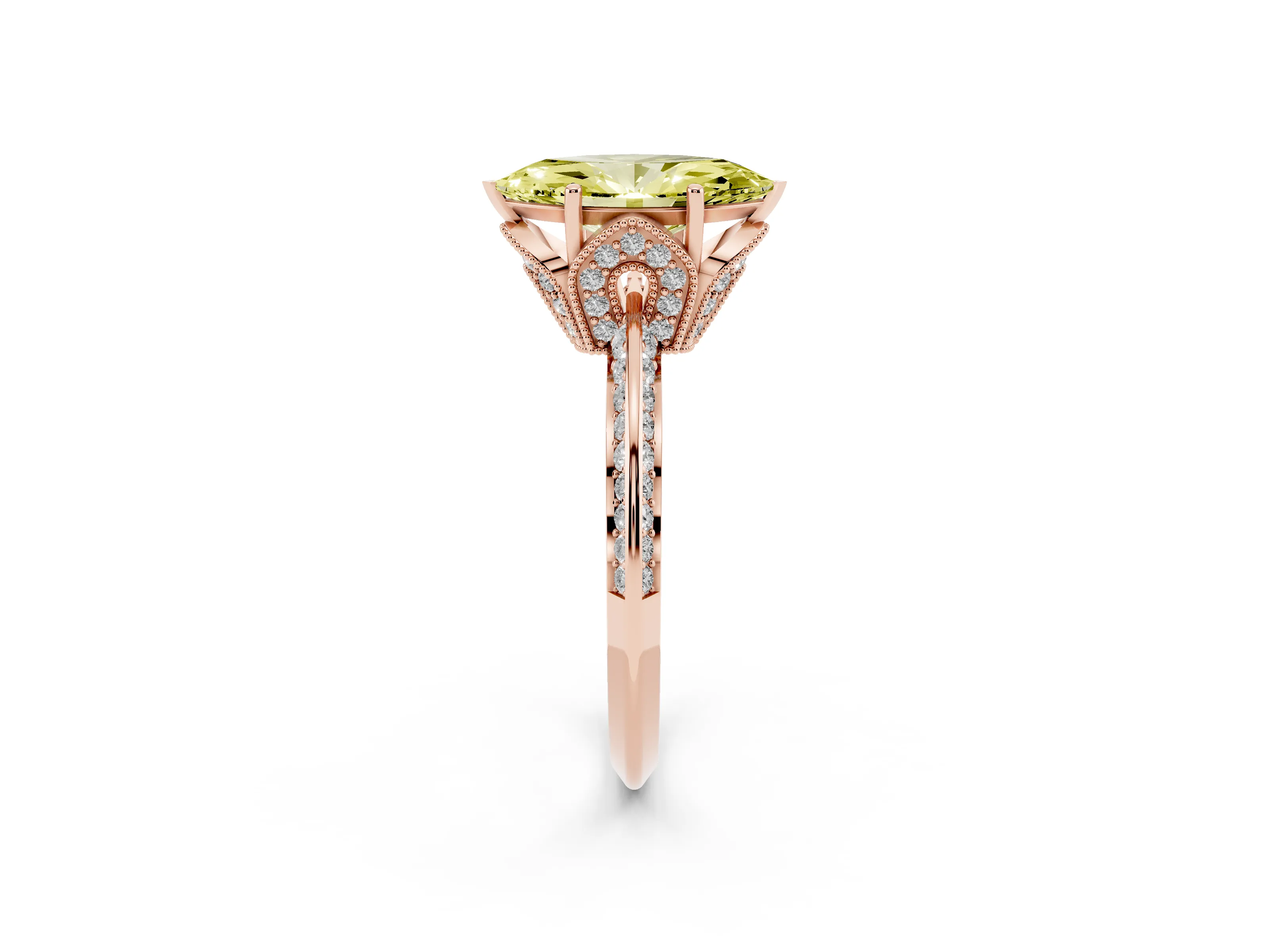 Fancy Yellow Marquise Cut Diamond Solitaire Engagement Ring Set in Rose gold with Pavé Split Shank and Prong Setting