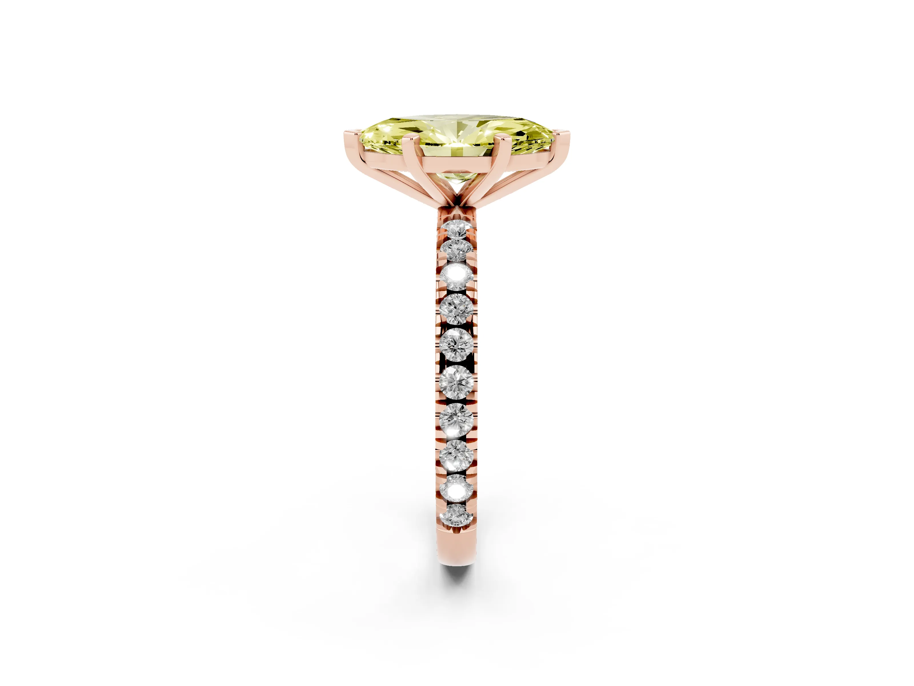 Fancy Yellow Marquise Cut Diamond Pavé Band Solitaire Set in Rose gold with Prong Setting