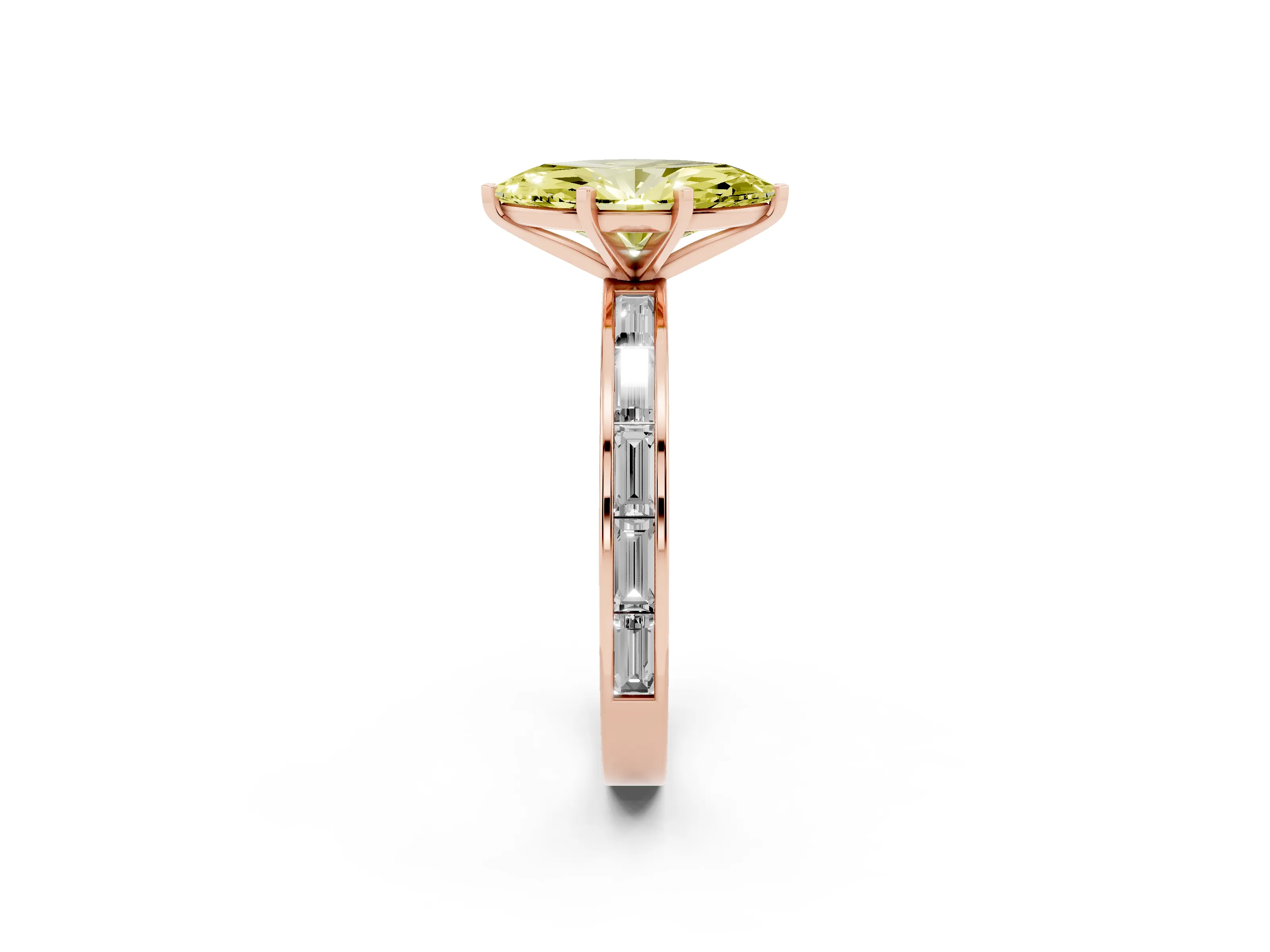 Fancy Yellow Marquise Cut Diamond Solitaire Ring Set in Rose gold with Channel-Set Baguette Band and Prong Setting