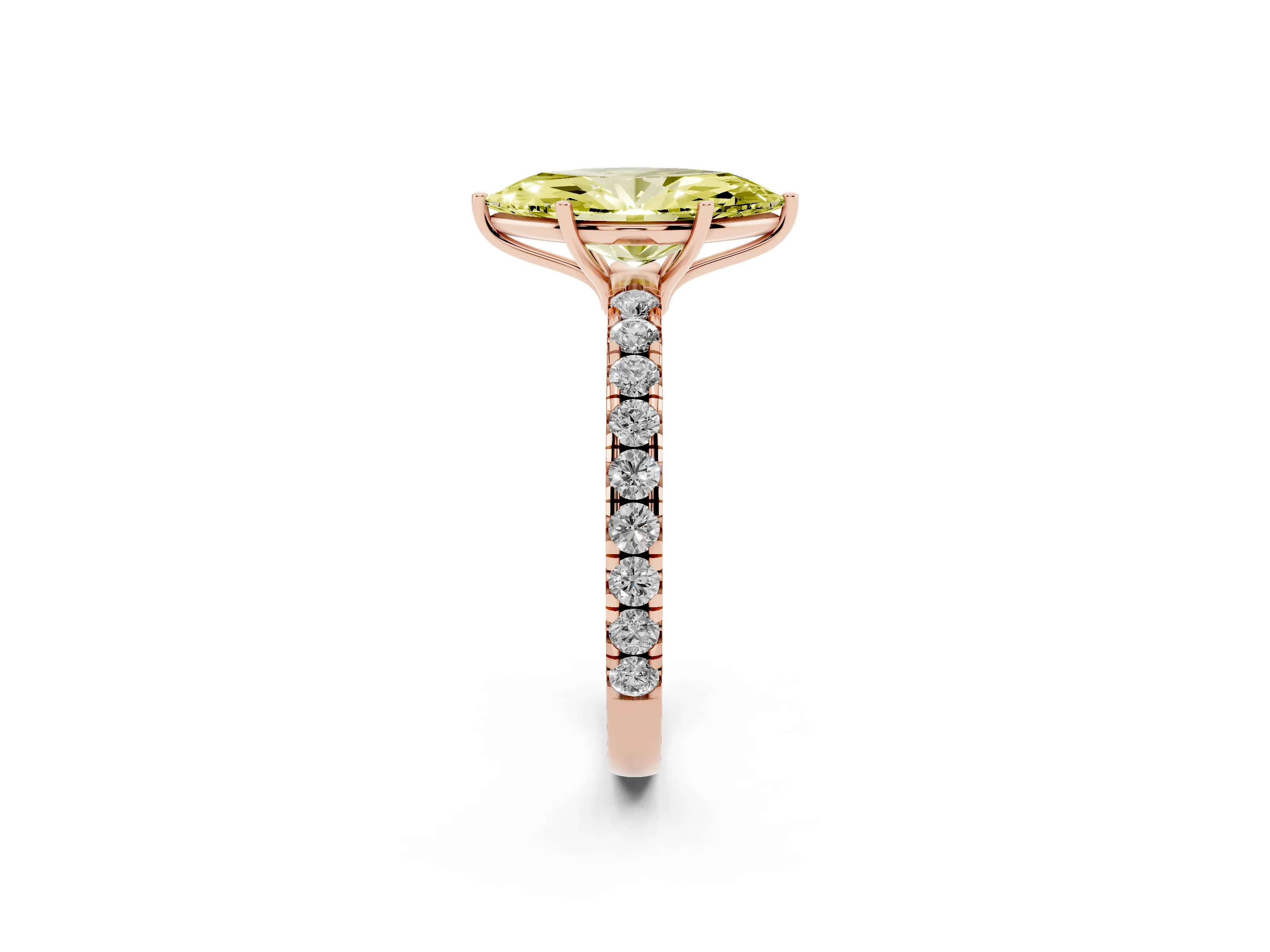 Fancy Yellow Marquise Cut Diamond Pavé Solitaire Engagement Ring Set in Rose gold with Prong Setting
