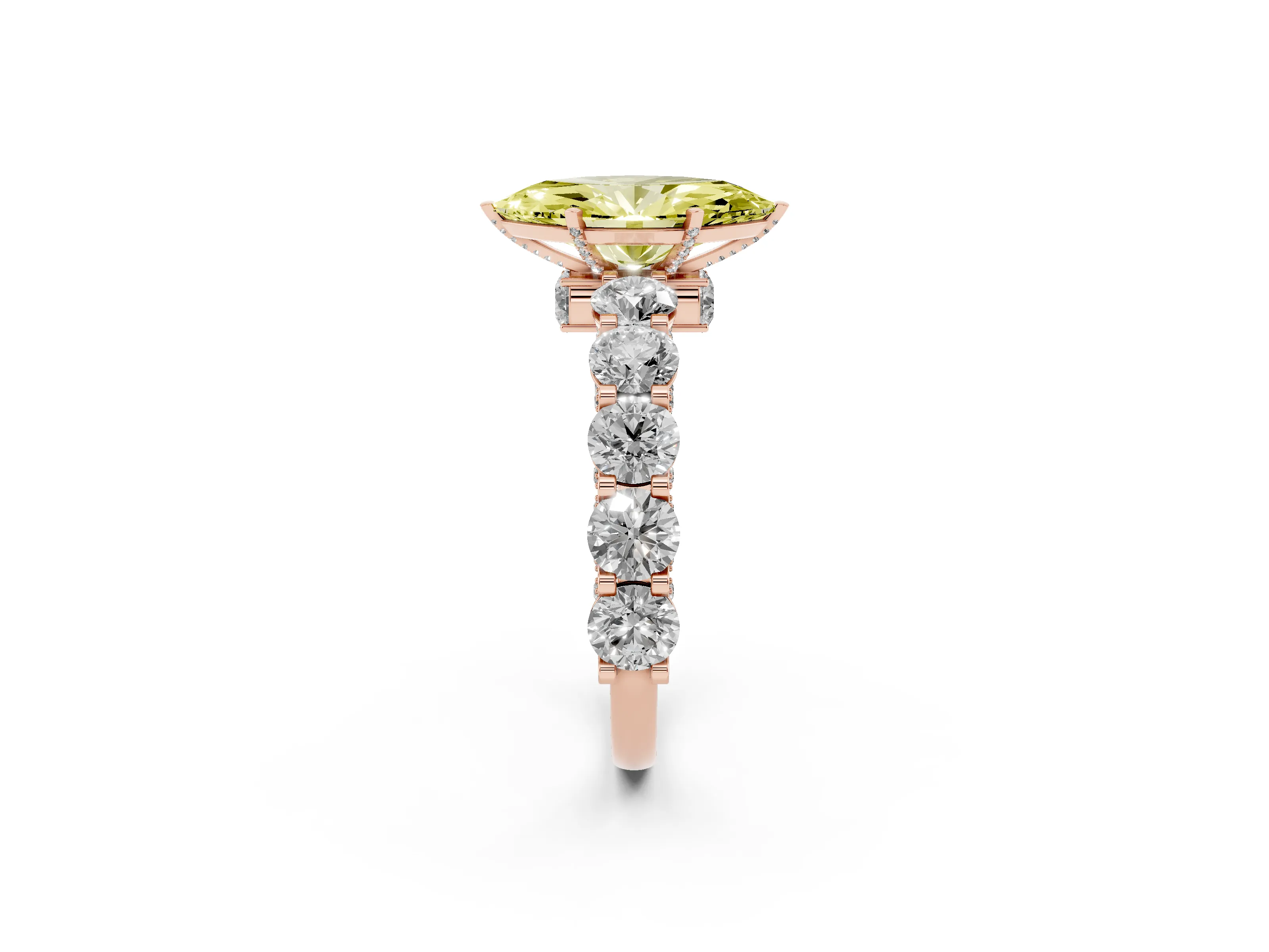 Fancy Yellow Marquise Cut Diamond Side Stone Ring Set in Rose gold with Alternating Round and Oval Side Stones