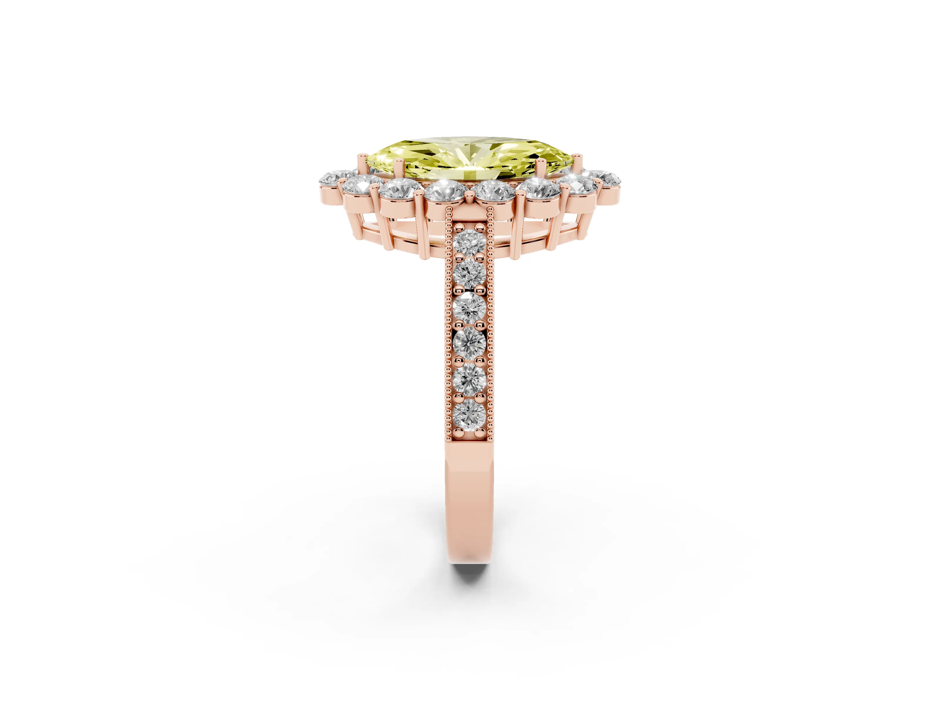 Fancy Yellow Marquise Cut Diamond Halo Pavé Engagement Ring Set in Rose gold with Milgrain Detailing