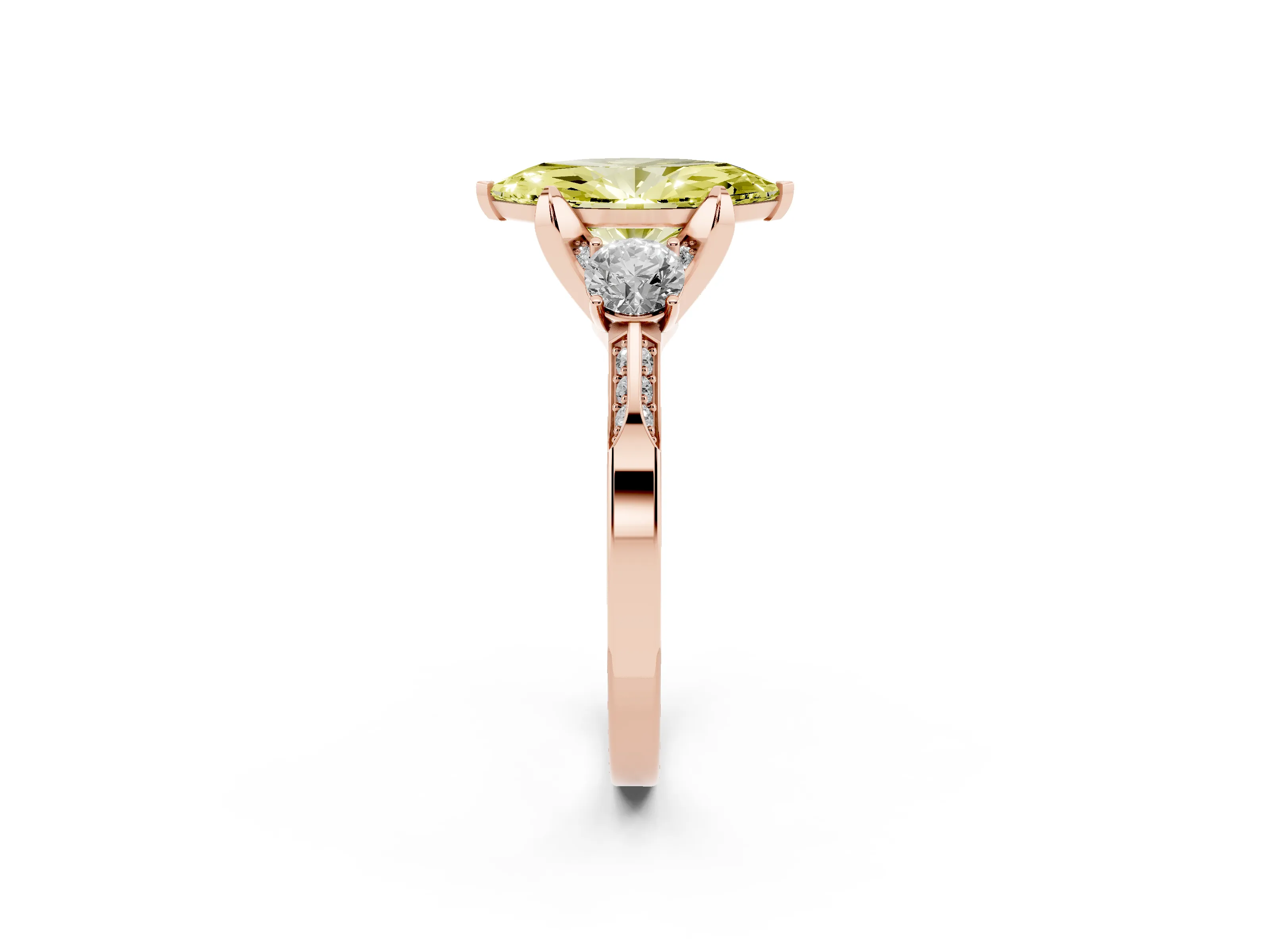 Fancy Yellow Marquise Cut Diamond Three-Stone Ring Set in Rose gold with Pavé Band and Smaller Side Stones