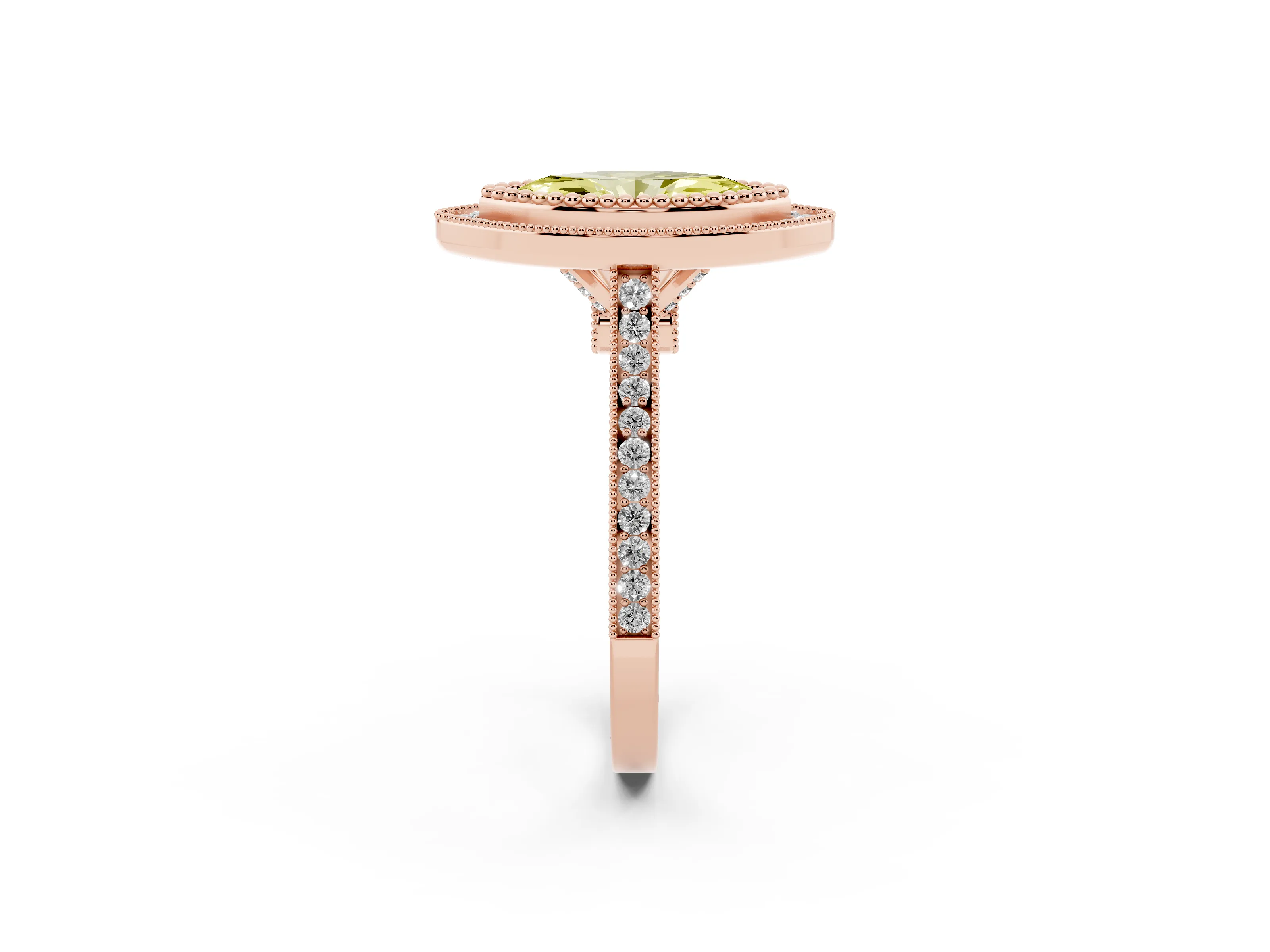 Fancy Yellow Marquise Cut Diamond Halo Ring Set in Rose gold with Milgrain Frame and Pavé Band