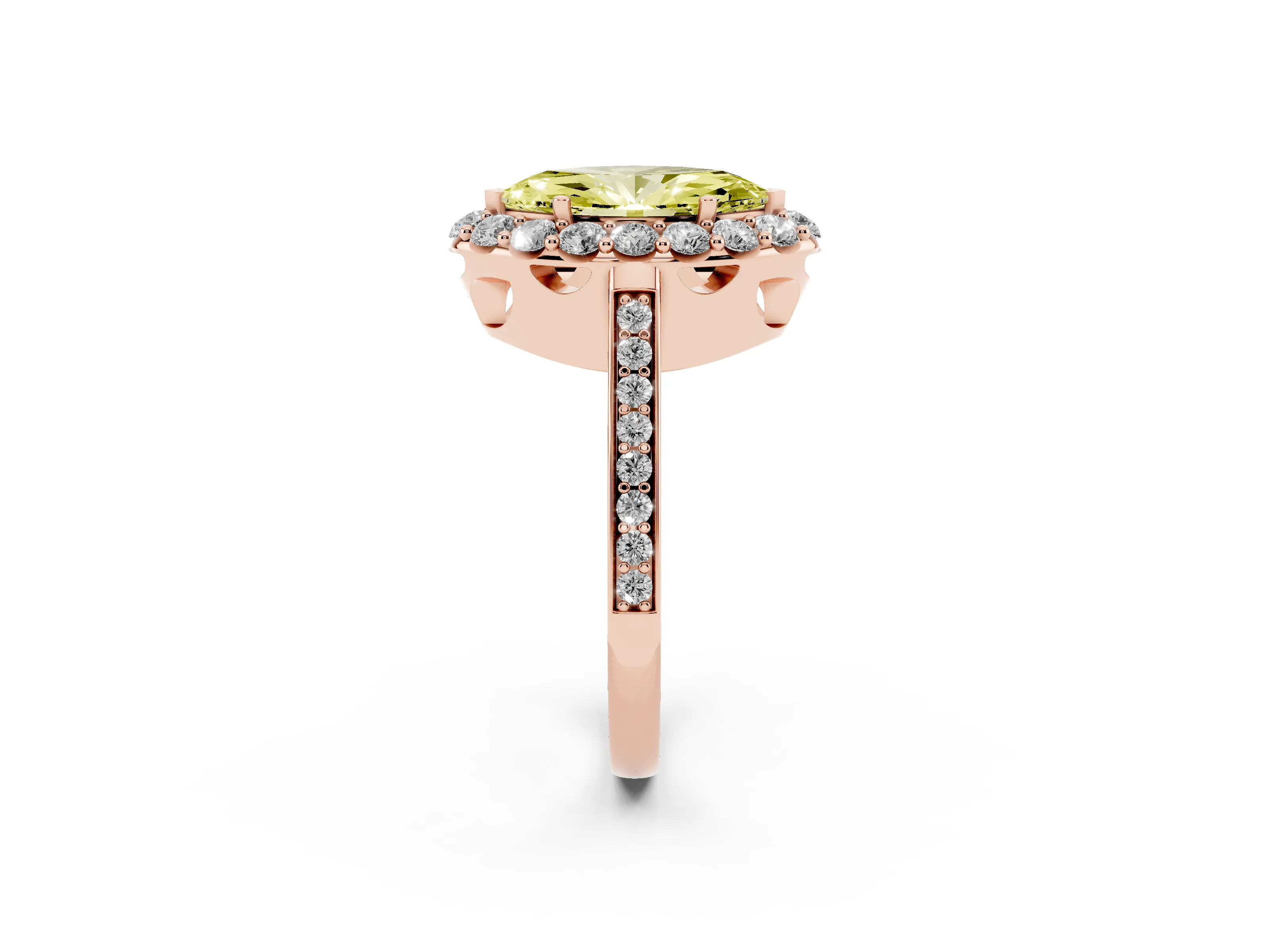 Fancy Yellow Marquise Cut Diamond Floral Halo Ring Set in Rose gold with Pavé Band and Prong Setting