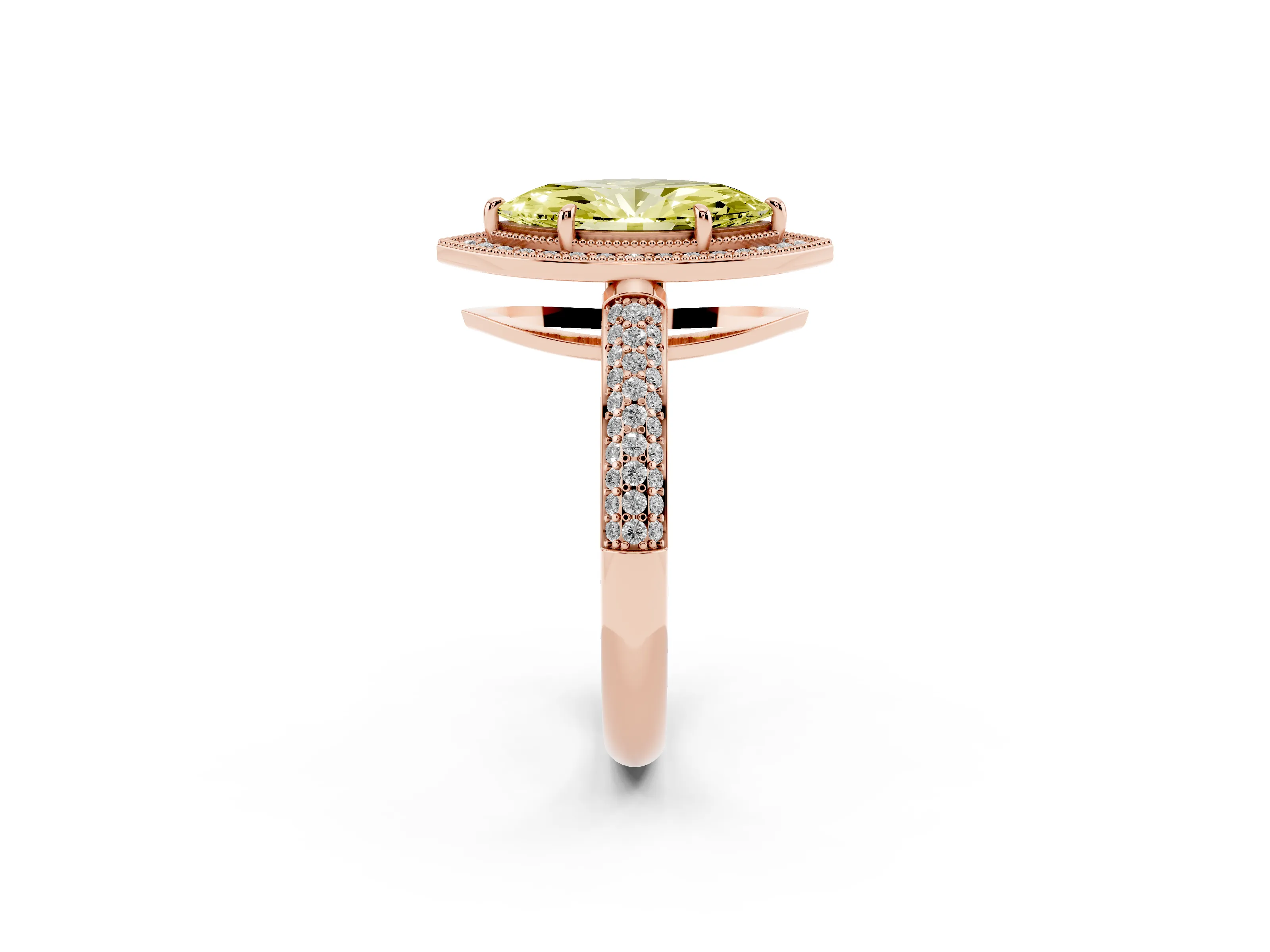Fancy Yellow Marquise Cut Diamond Halo Pavé Band Set in Rose gold with Prong Setting