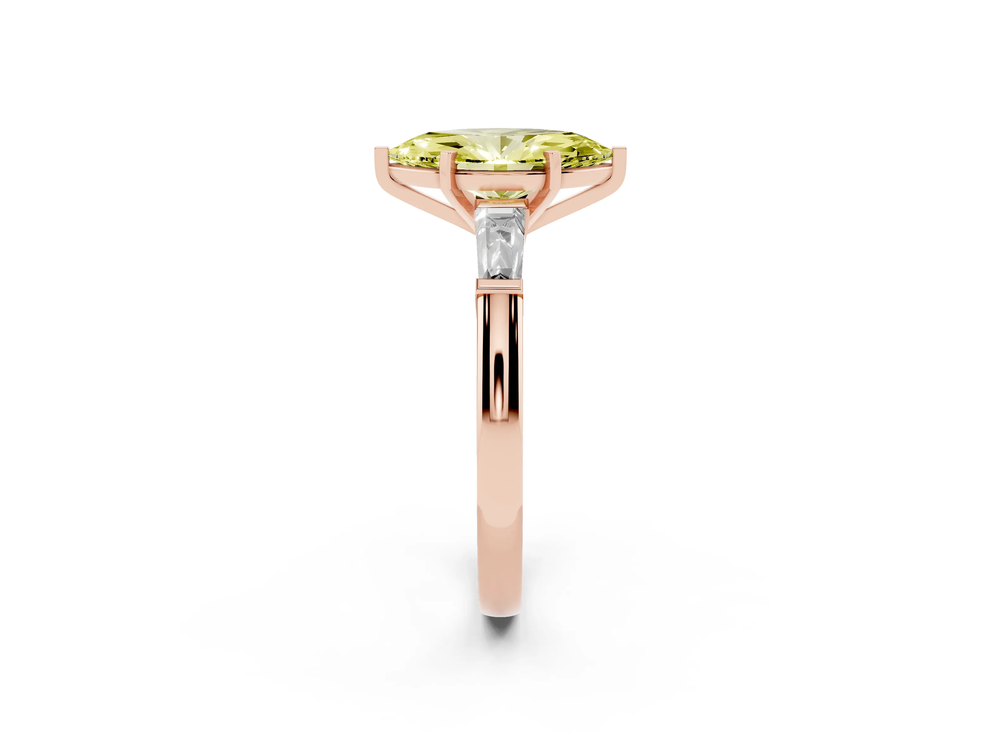 Fancy Yellow Marquise Cut Diamond Solitaire Ring Set in Rose gold with Tapered Baguette Side Stones and Prong Setting