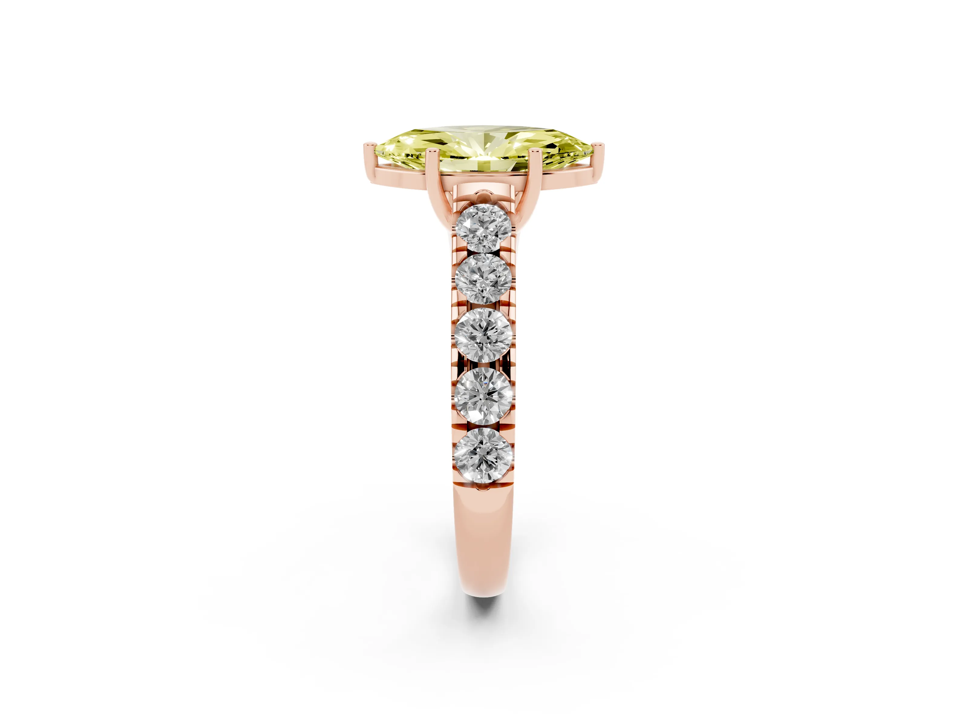 Fancy Yellow Marquise Cut Diamond Solitaire Ring Set in Rose gold with Cut-Down Micro Pavé Band and Prong Setting