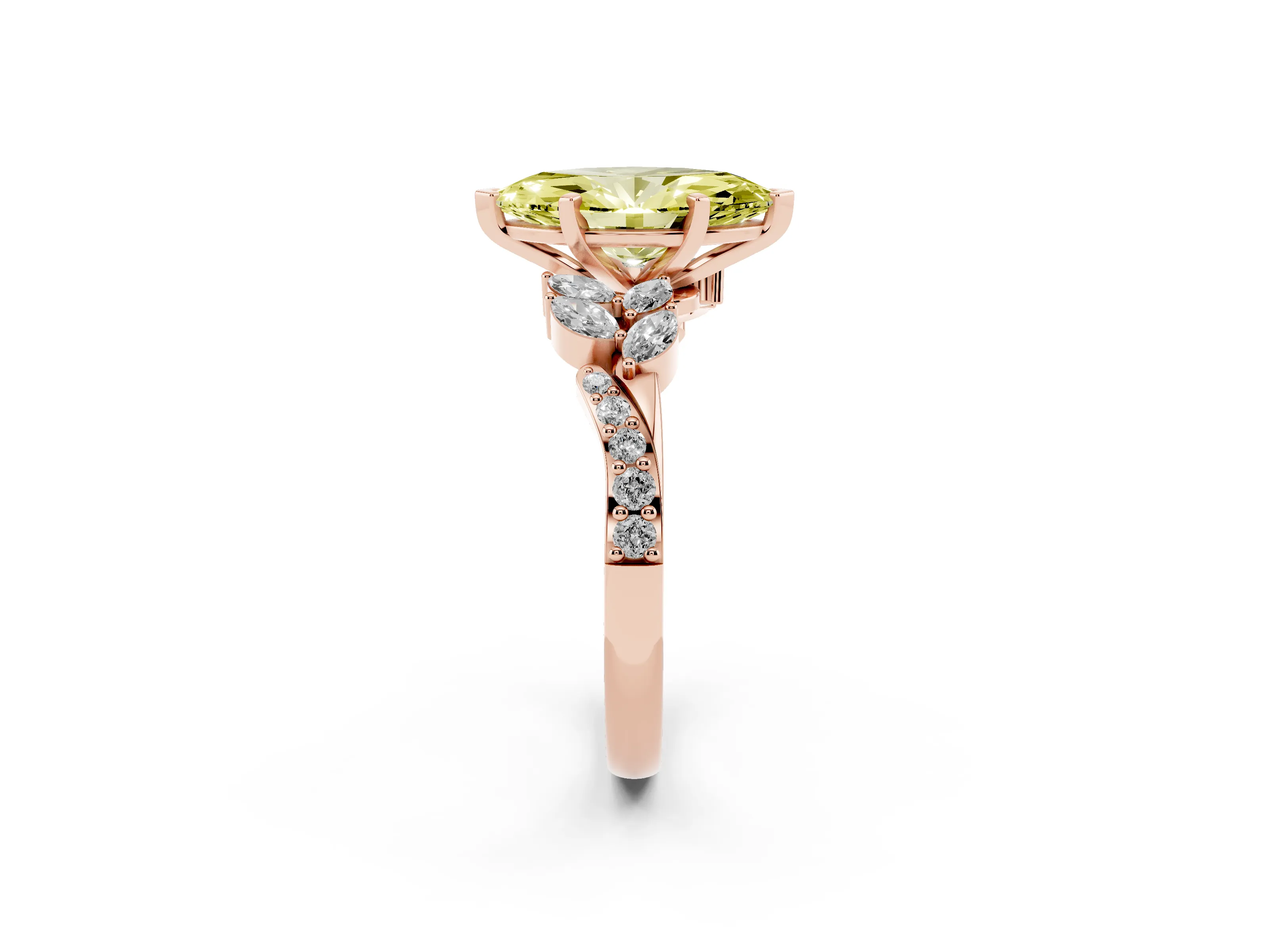 Fancy Yellow Marquise Cut Diamond Solitaire Ring Set in Rose gold with Marquise Twist Band and Prong Setting