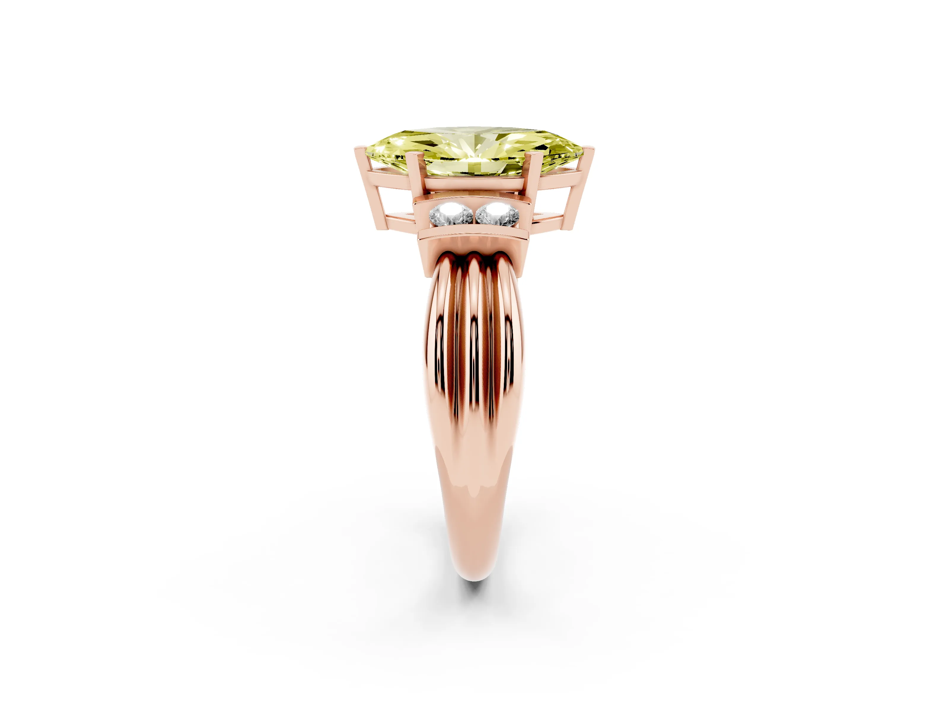 Fancy Yellow Three-Stone Marquise Cut Diamond Channel Set Ring Set in Rose gold with Bar Prongs